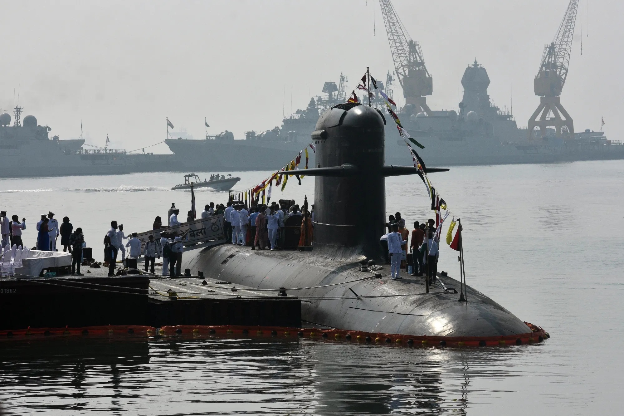 Indian navy officials attend the commissioning ceremony of a French made submarine in Mumbai.&nbsp;