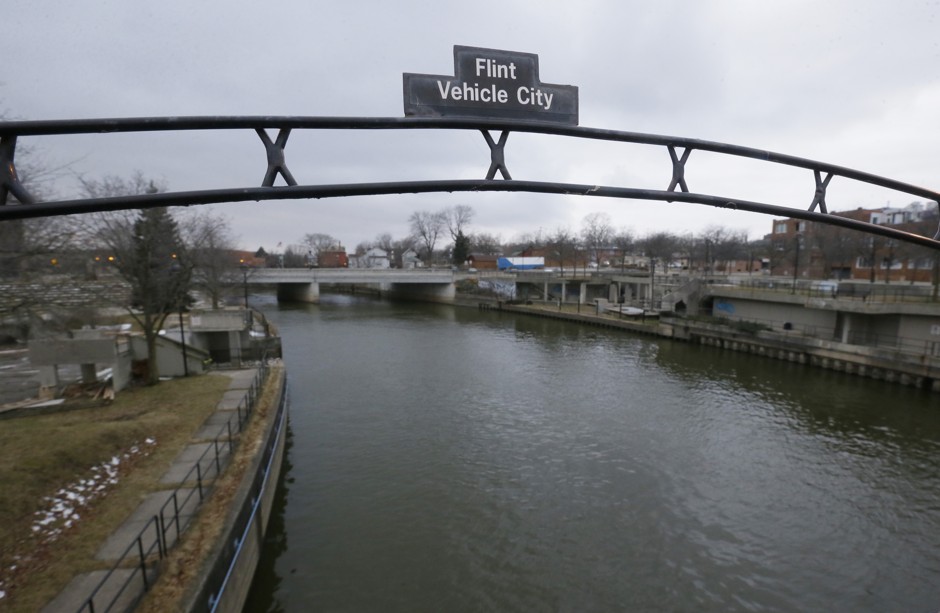 An archway over the Flint River in downtown Flint, Michigan.