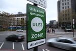 An Ultra Low Emission Zone sign at Tower Hill in central London.