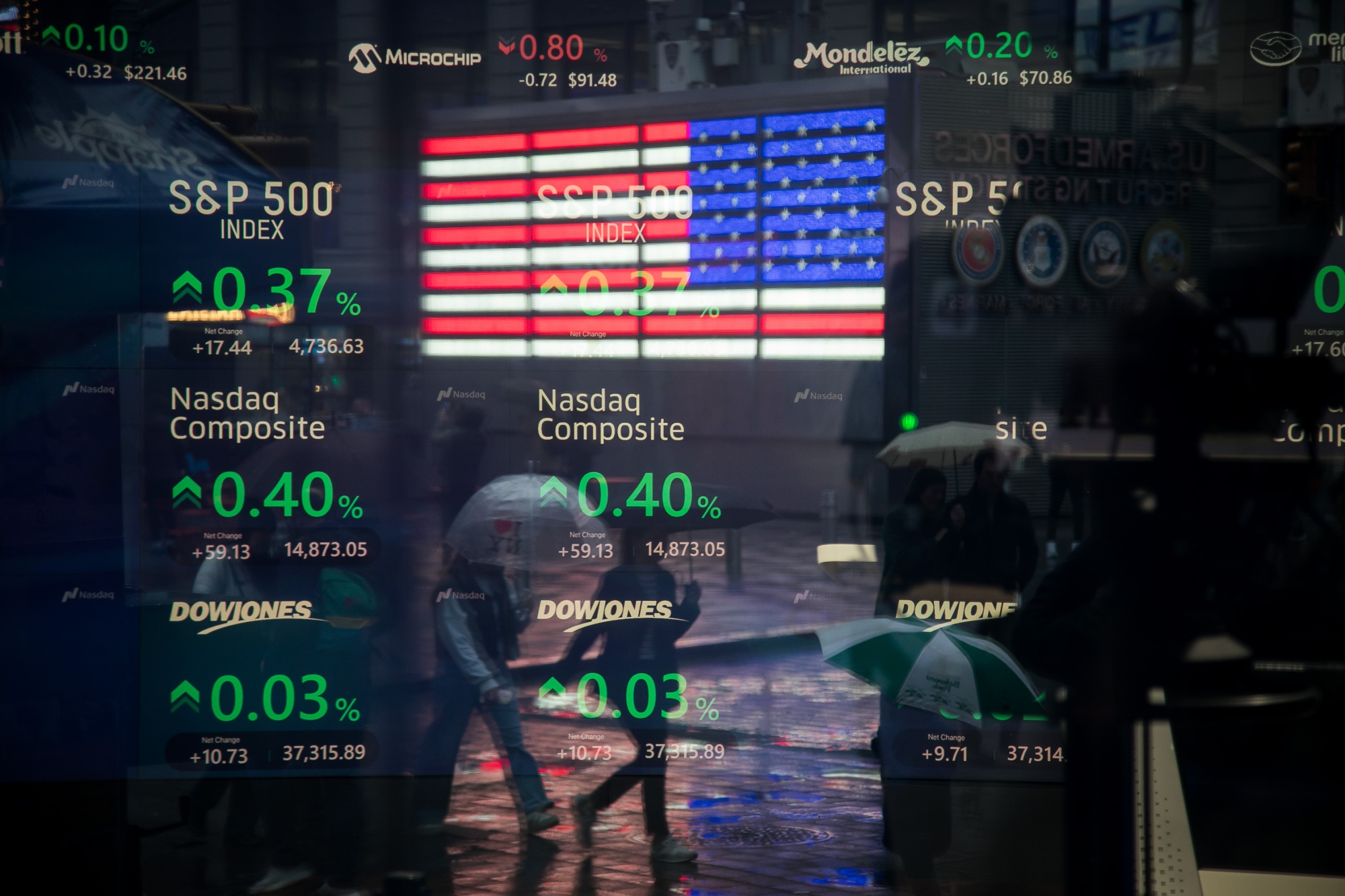 Stock market information at the Nasdaq MarketSite in New York.