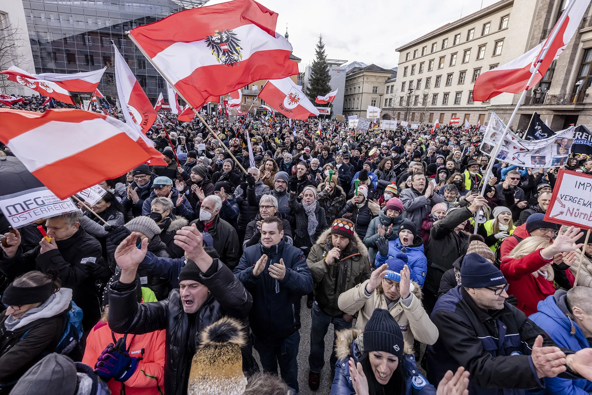 A rally against coronavirus-related restrictions and&nbsp;vaccination mandate in Innsbruck, Austria, on Jan 9.&nbsp;