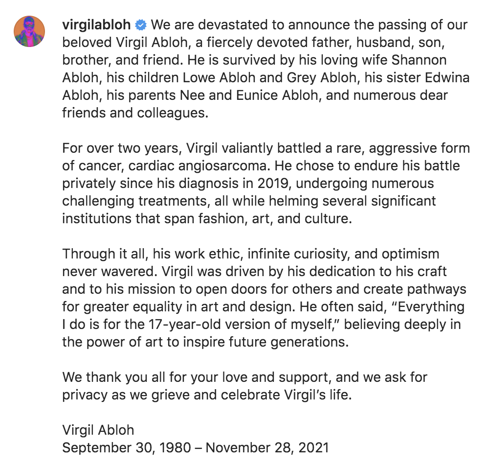 Star designer Virgil Abloh dies of cancer after private battle