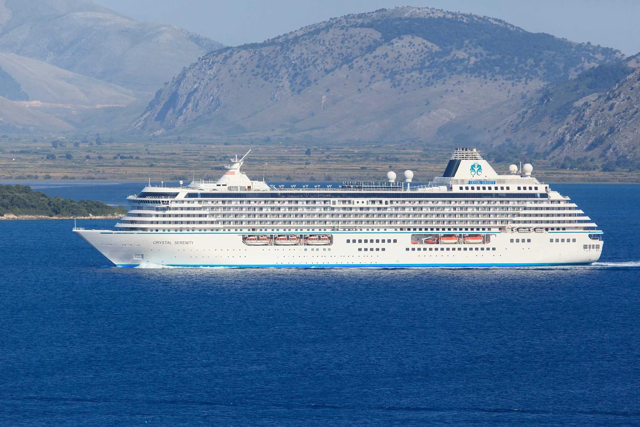 The cruise ship Crystal Serenity&nbsp;sailing&nbsp;the straits between Corfu and Albania.