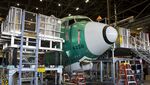 The nose of a Boeing Co. 737 MAX 9 jetliner sits during production at the company's manufacturing facility in Renton, Washington, U.S.