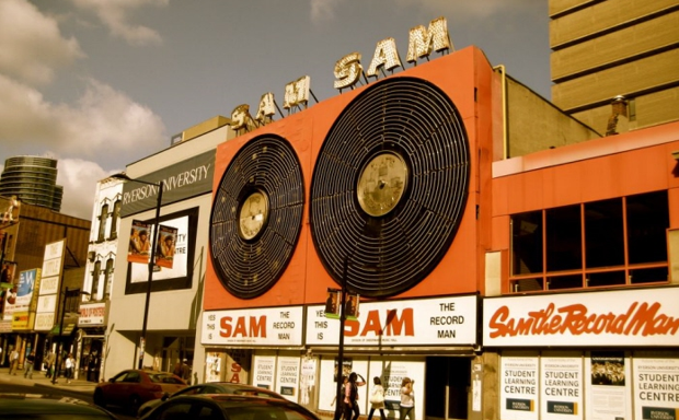 A 2009 photo of Sam the Record Man's flagship store just before the building was demolished and the signs were put in storage.