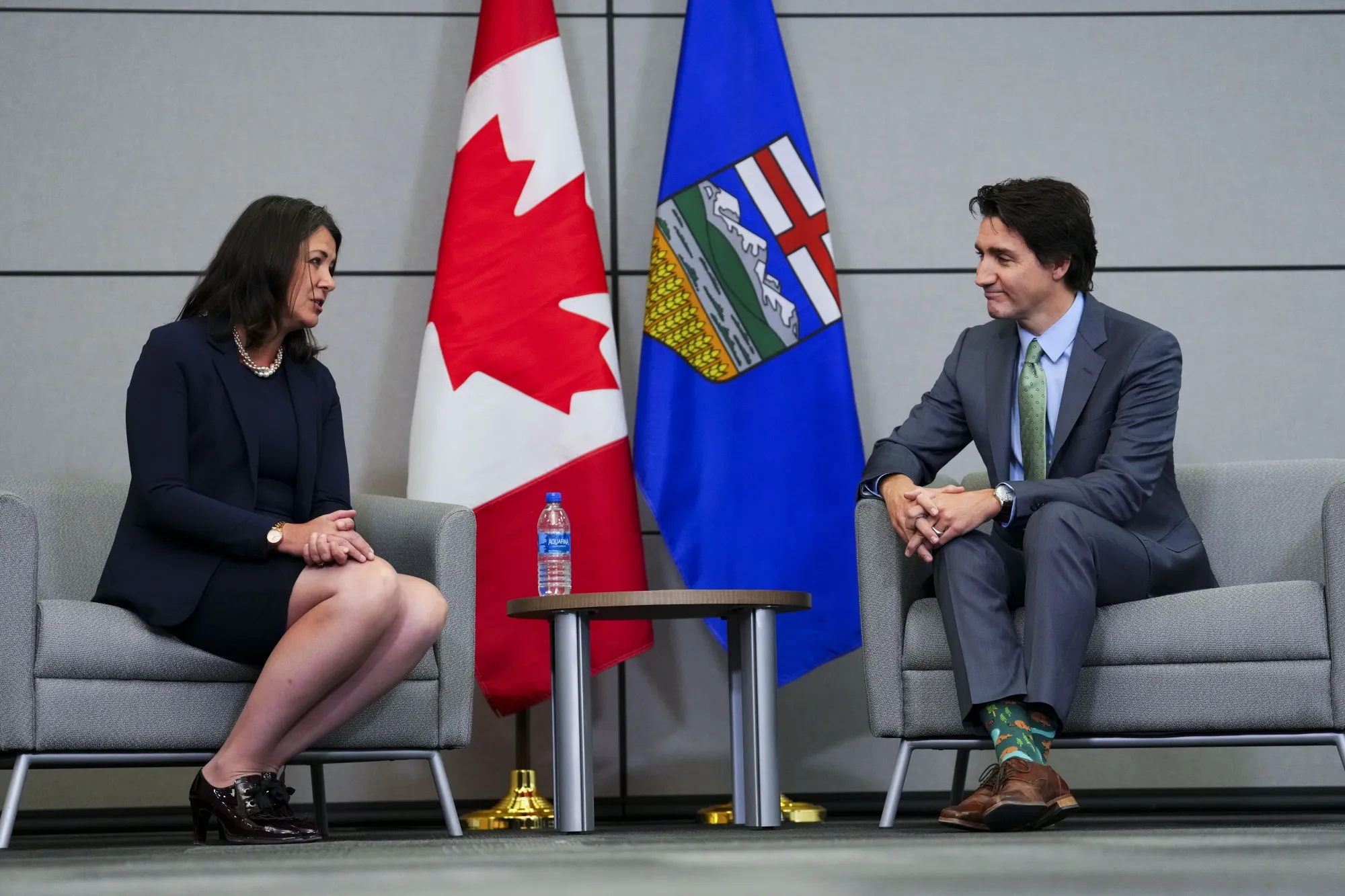Justin Trudeau, Canada's prime minister,&nbsp;and Danielle Smith, Alberta's premier. Smith has opposed adding export taxes to oil if Trump imposes tariffs on Canadian goods, but a new poll suggests her residents support the idea.&nbsp;