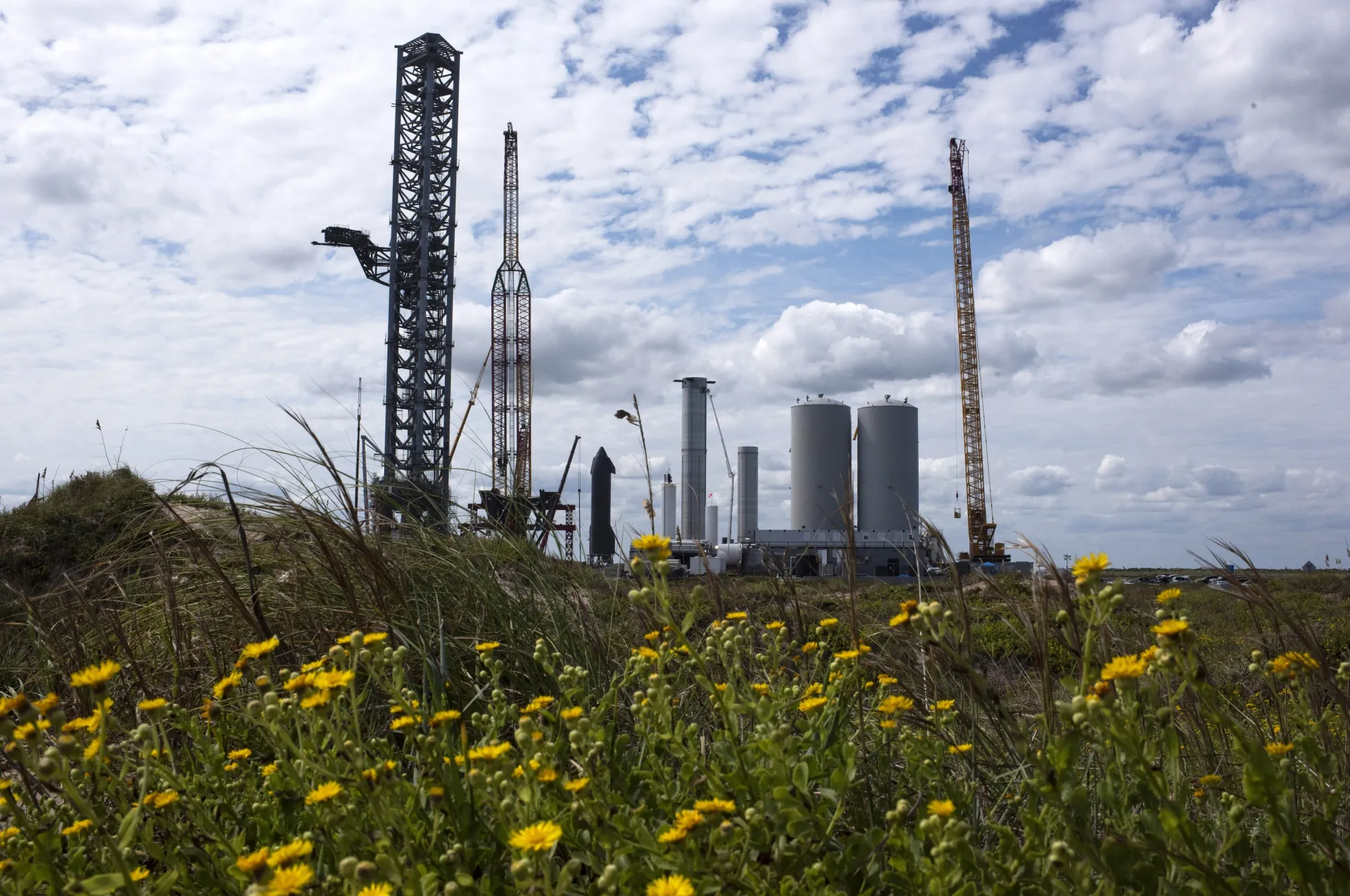 The SpaceX Starbase launch facility under construction in Boca Chica, Texas.