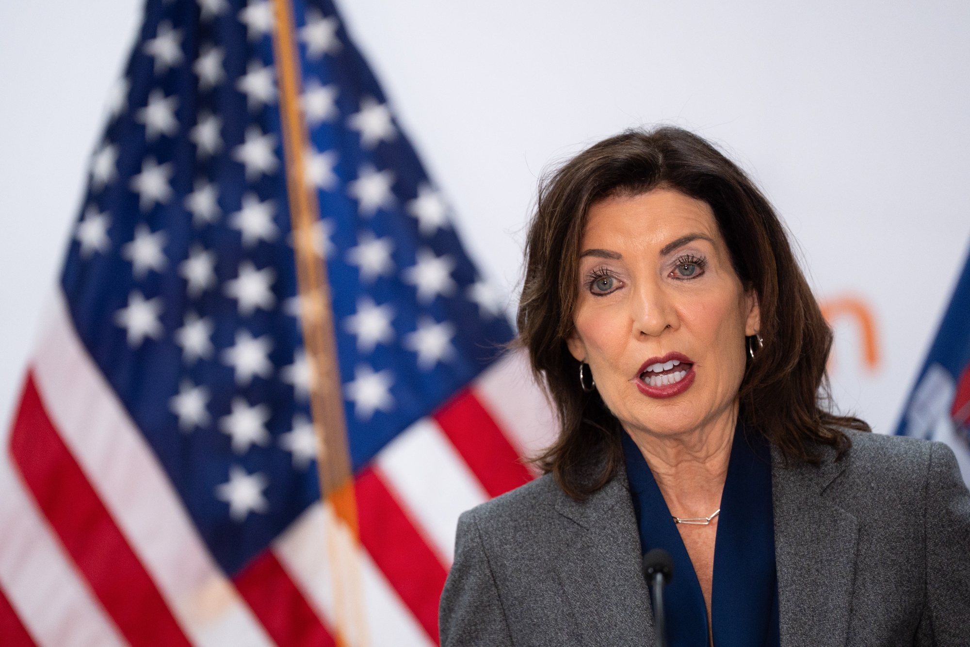 Kathy Hochul, governor of New York, speaks during a news conference at the WIN NYC family shelter in New York, US, on Thursday, March 5, 2026. The universal child care program, which will be paid for with state funds, will provide 2,000 free seats for 2-year-old children starting in September to several school districts of varying income levels. Photographer: Adam Gray/Bloomberg