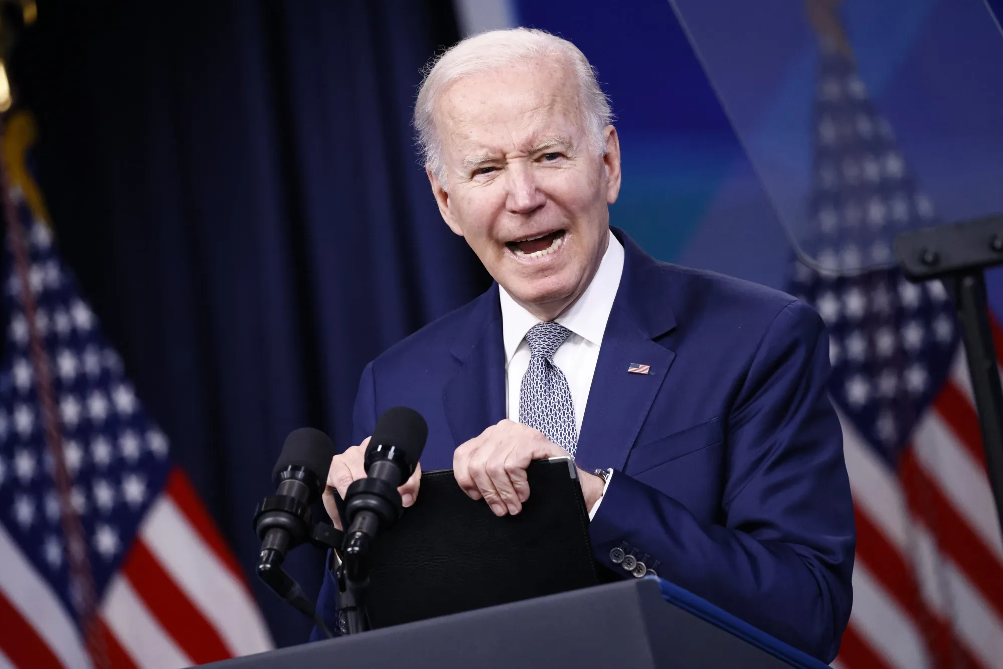 U.S. President Joe Biden speaks in the Eisenhower Executive Office Building in Washington, D.C. on Tuesday.&nbsp;