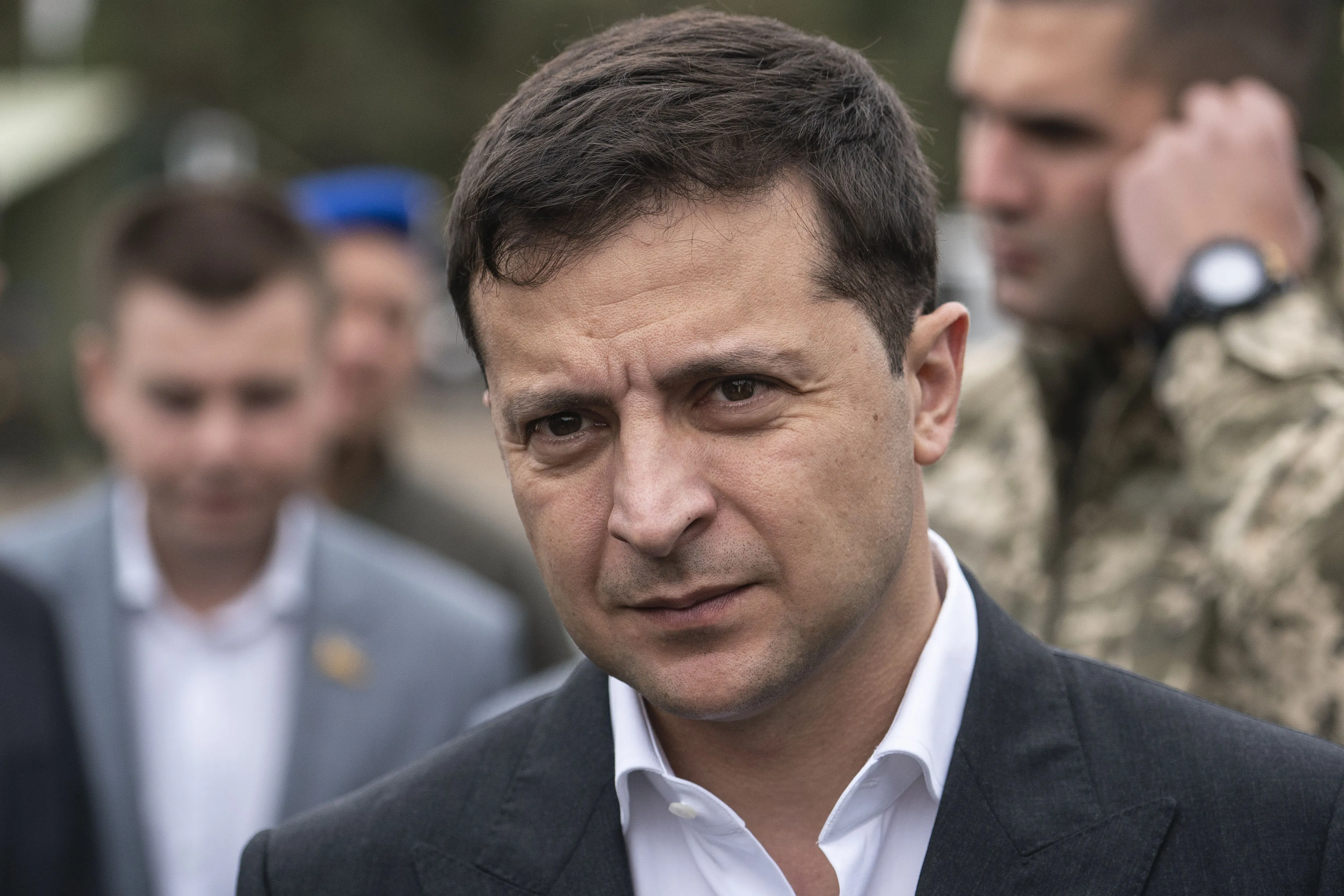 Volodymyr Zelenskiy attends an Interior Ministry military drill in Stare, Ukraine, on Monday, Sept. 30.