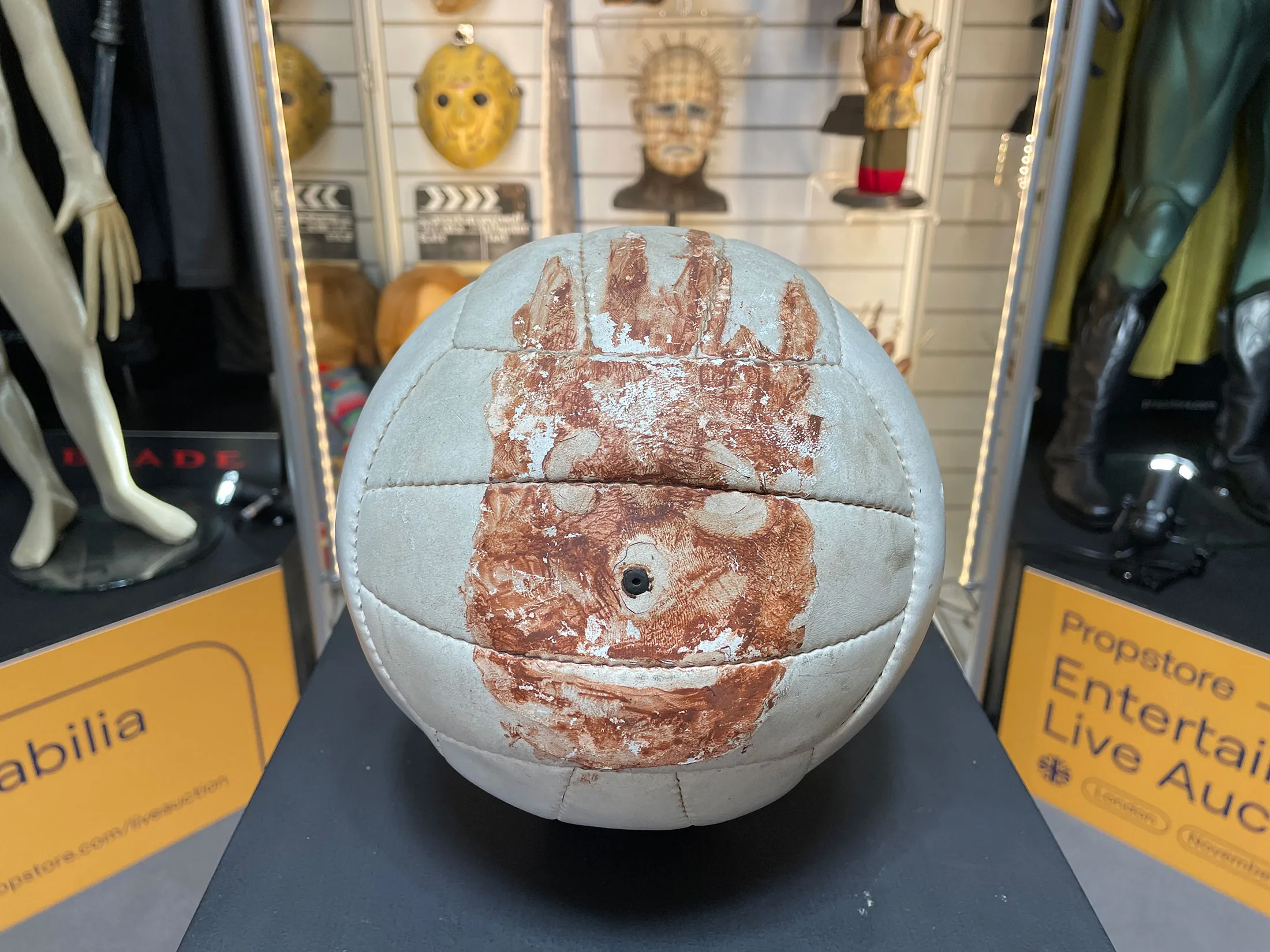 One of the Wilson volleyball props used in the 2000 movie Cast Away at the headquarters of Prop Store near Rickmansworth, Hertfordshire, UK. It sold for £75,000 at an auction in Piccadilly, London. &nbsp;