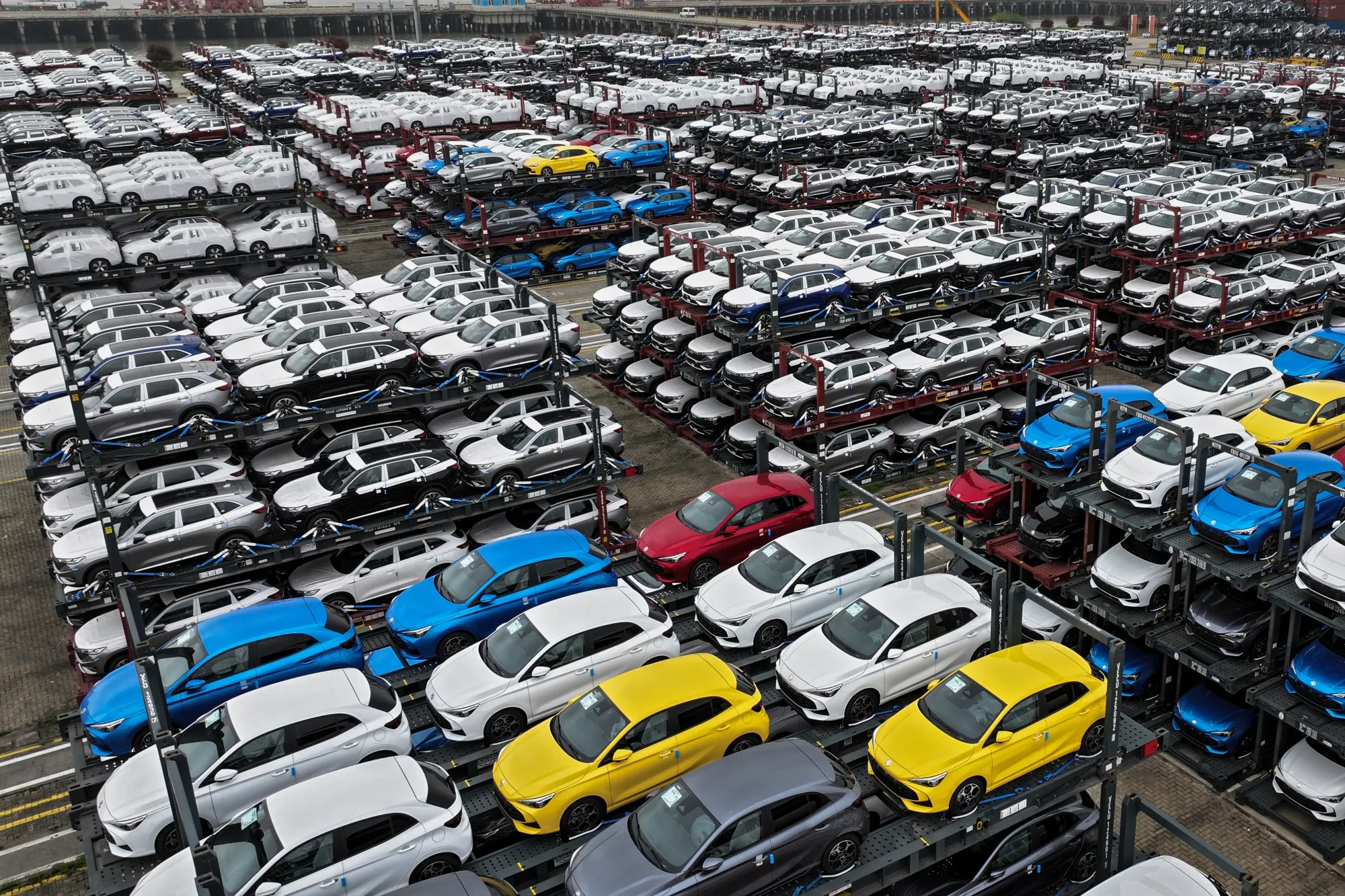 Electric cars for export at Taicang Port in Suzhou, China.
