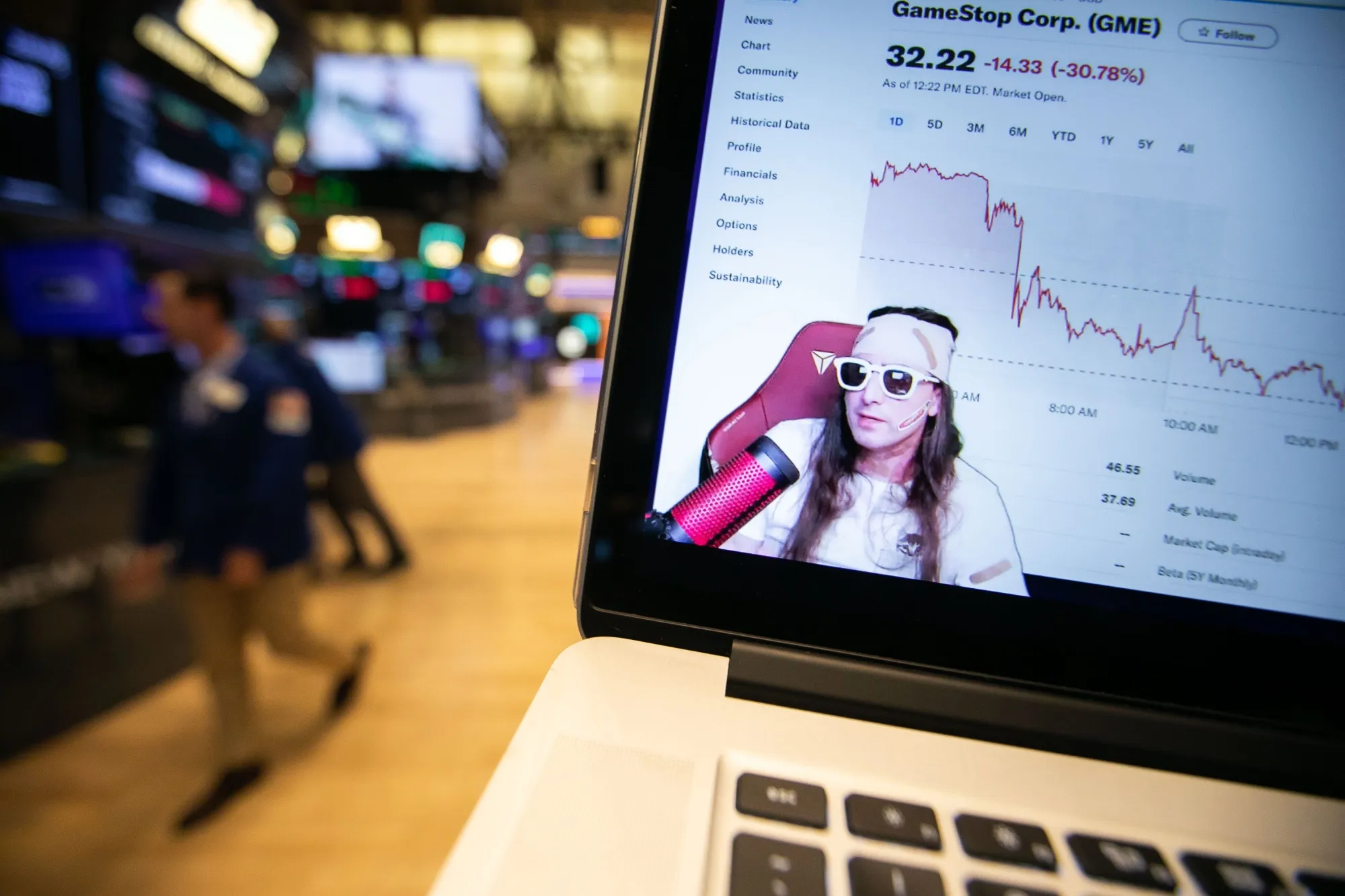 Keith Gill, a Reddit user credited with inspiring GameStop’s rally, during a YouTube livestream arranged on a laptop at the New York Stock Exchange on June 7.