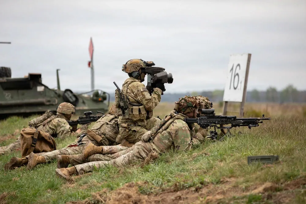 US soldiers during a field training exercise near Bemowo Piskie Training Area, Poland, in May.