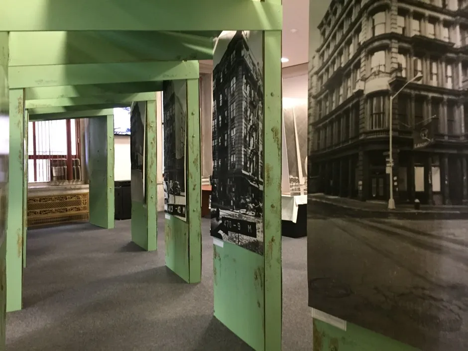 A replica of steel supports for the proposed Lower Manhattan Expressway are featured in the exhibit space.