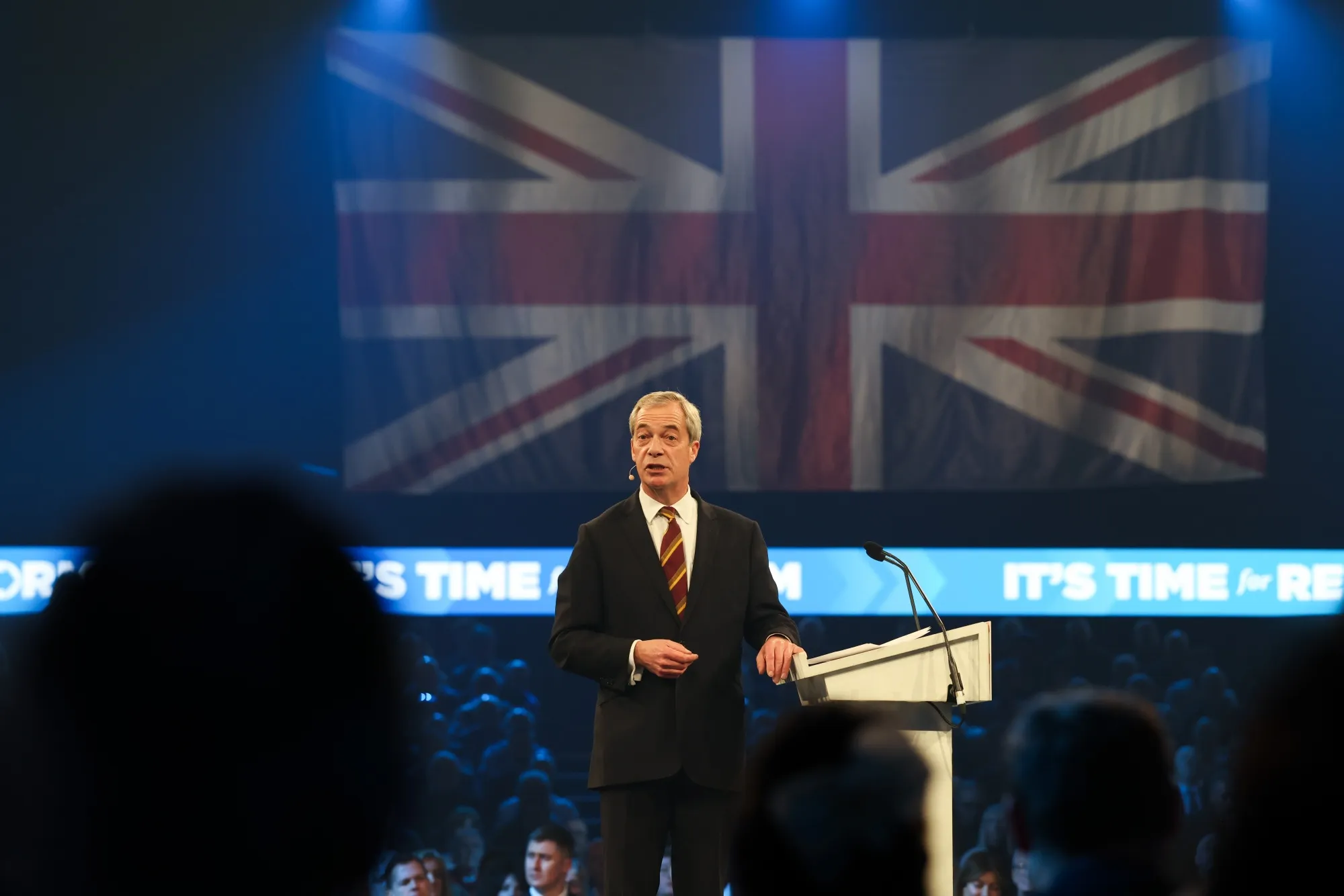 Farage delivers a speech at the National Exhibition Centre on Feb. 9.