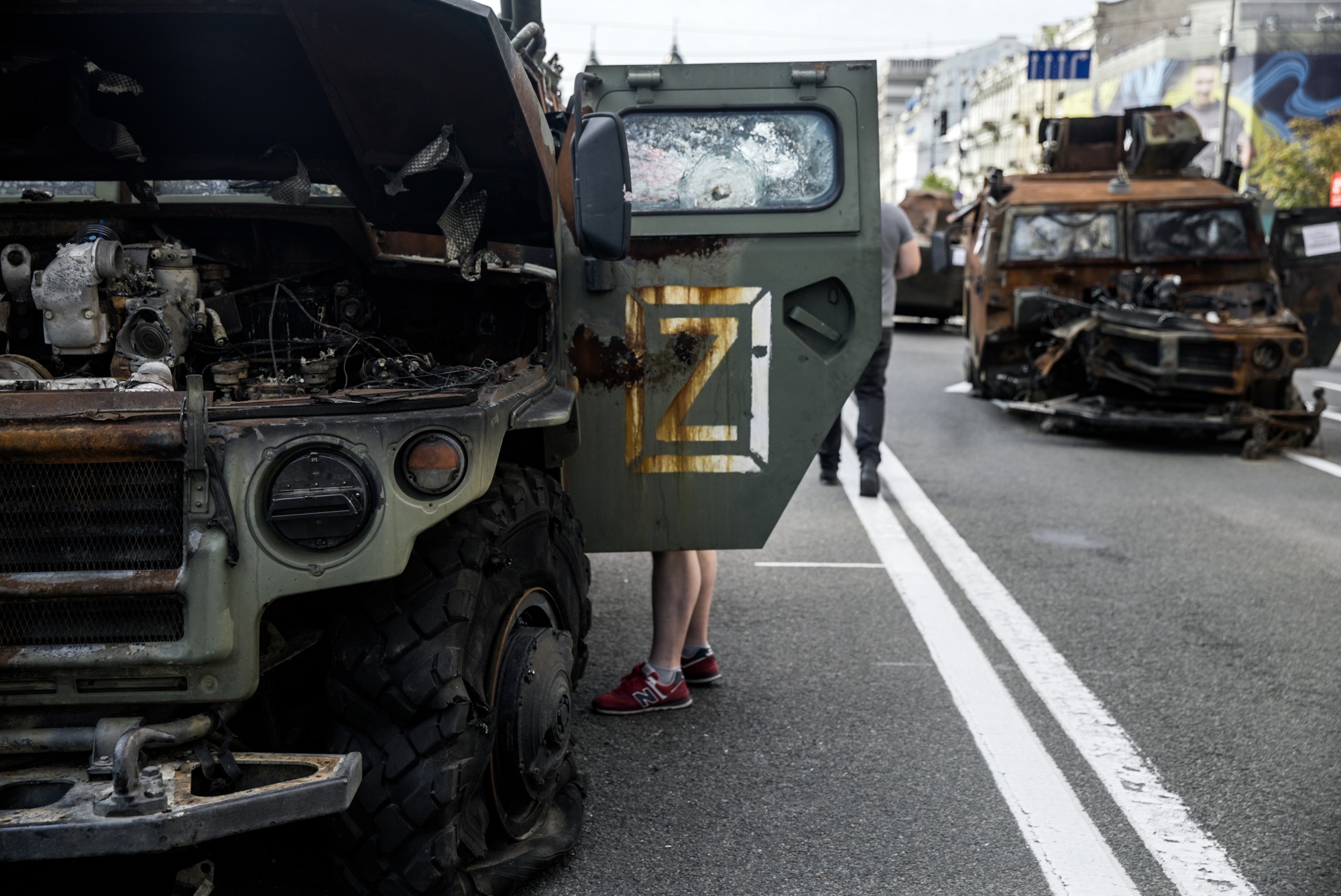 An exhibit of destroyed Russian military equipment on Khreschatyk Street ahead of Independence day, in Kyiv, Ukraine, on Aug. 22.