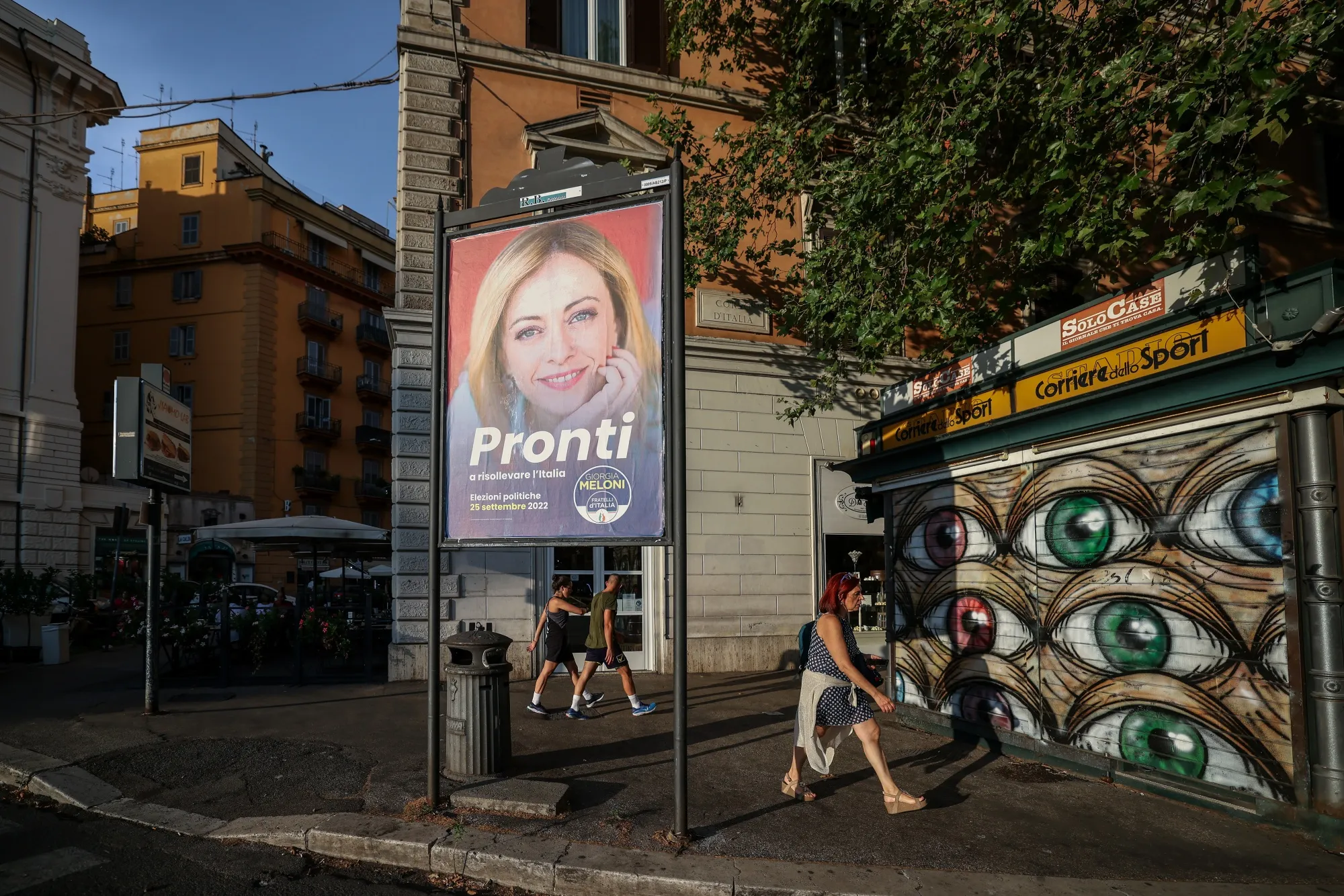 An election poster featuring an image of Giorgia Meloni, in Rome.&nbsp;