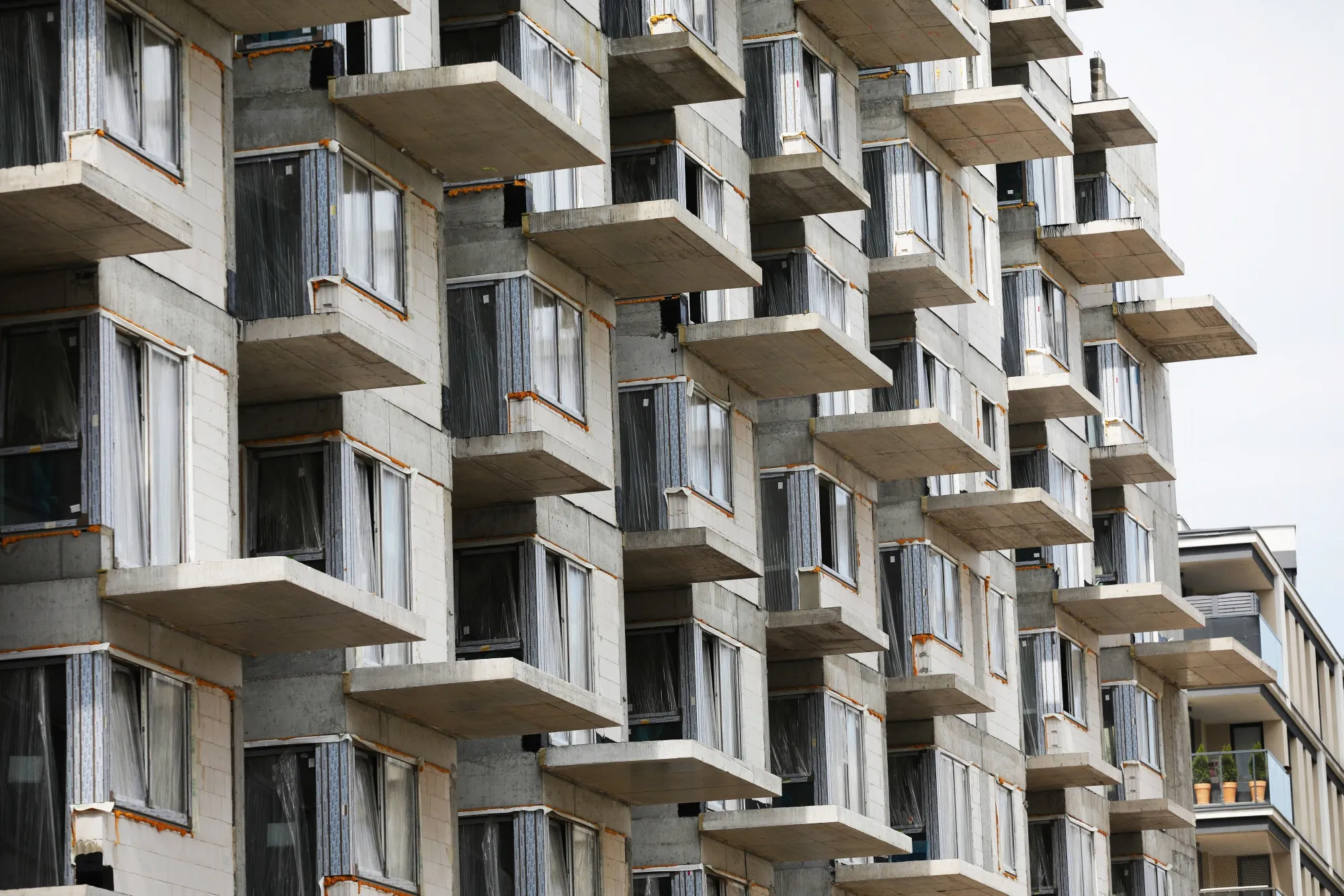 Balcony platforms on a residential apartment block development construction site, owned by Heimstaden Bostad AB, in Warsaw, Poland.