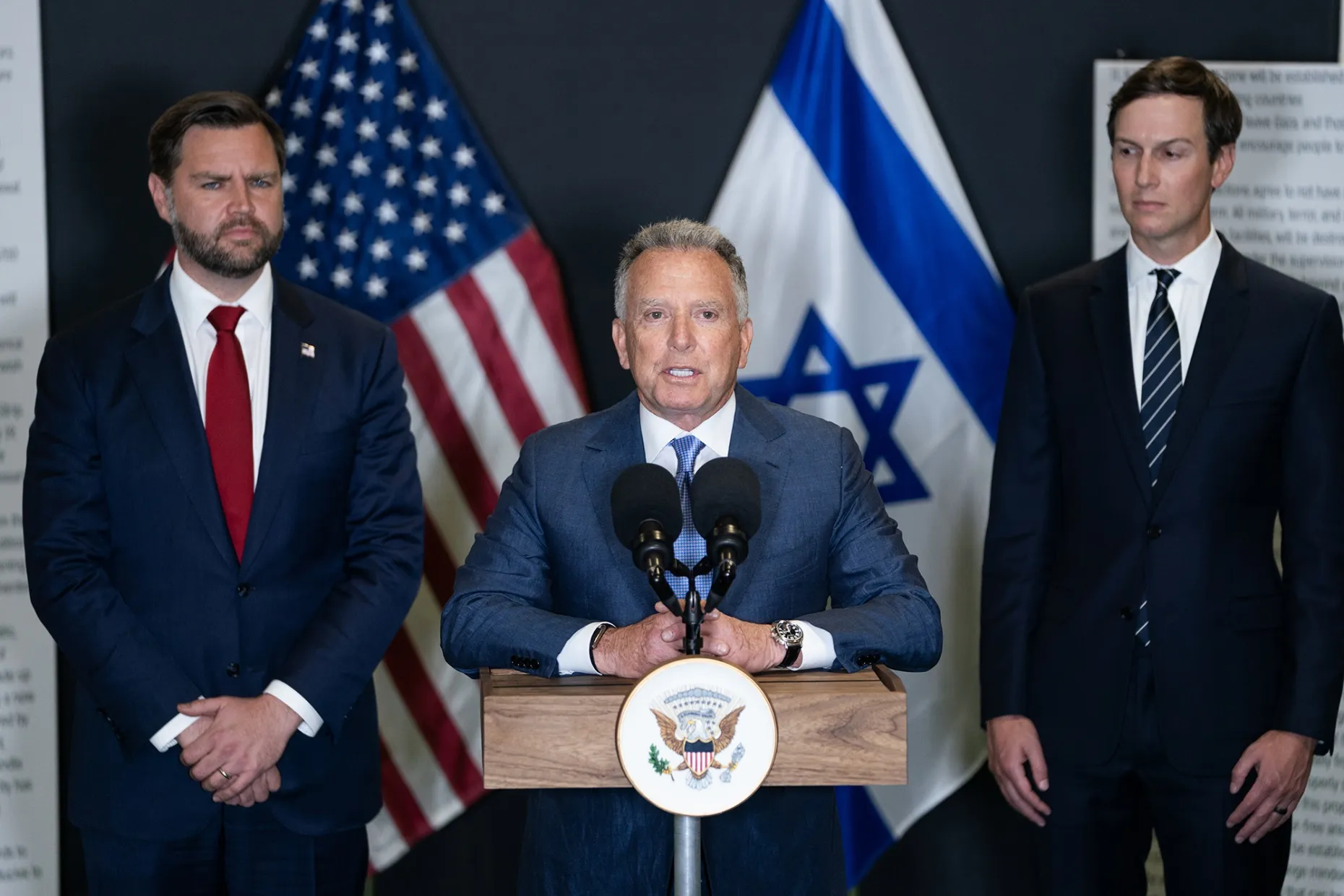 Vice President JD Vance, from left, Special Envoy Steve Witkoff, and Jared Kushner in Kiryat Gat, Israel&nbsp;on Oct.&nbsp;21.