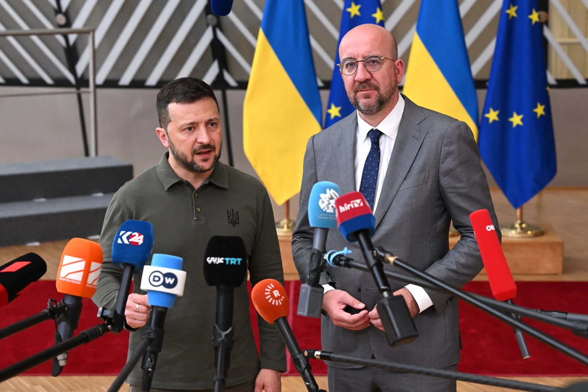 Volodymyr Zelenskiy, left, alongside Charles Michel in Brussels on June 27.