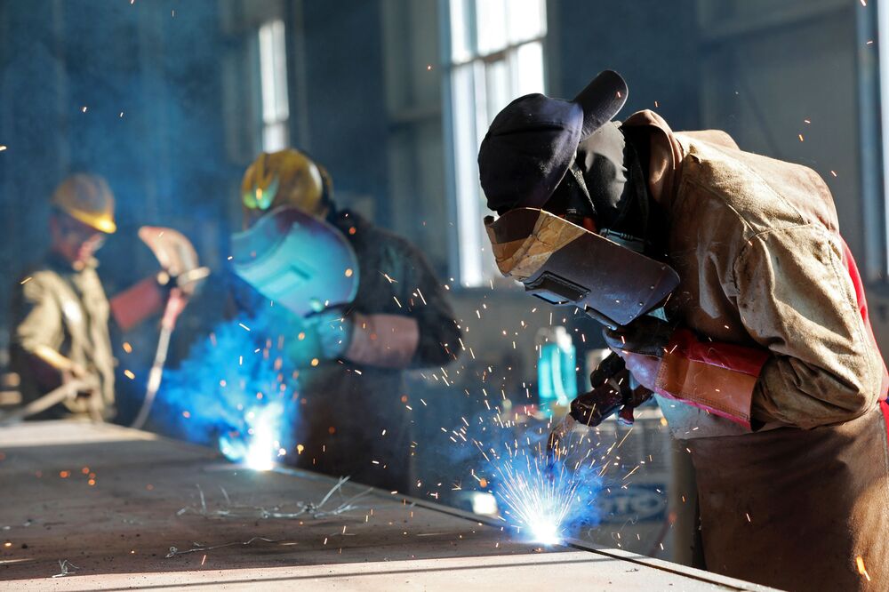 A worker cutting steel at a factory in Huaibei, China. 