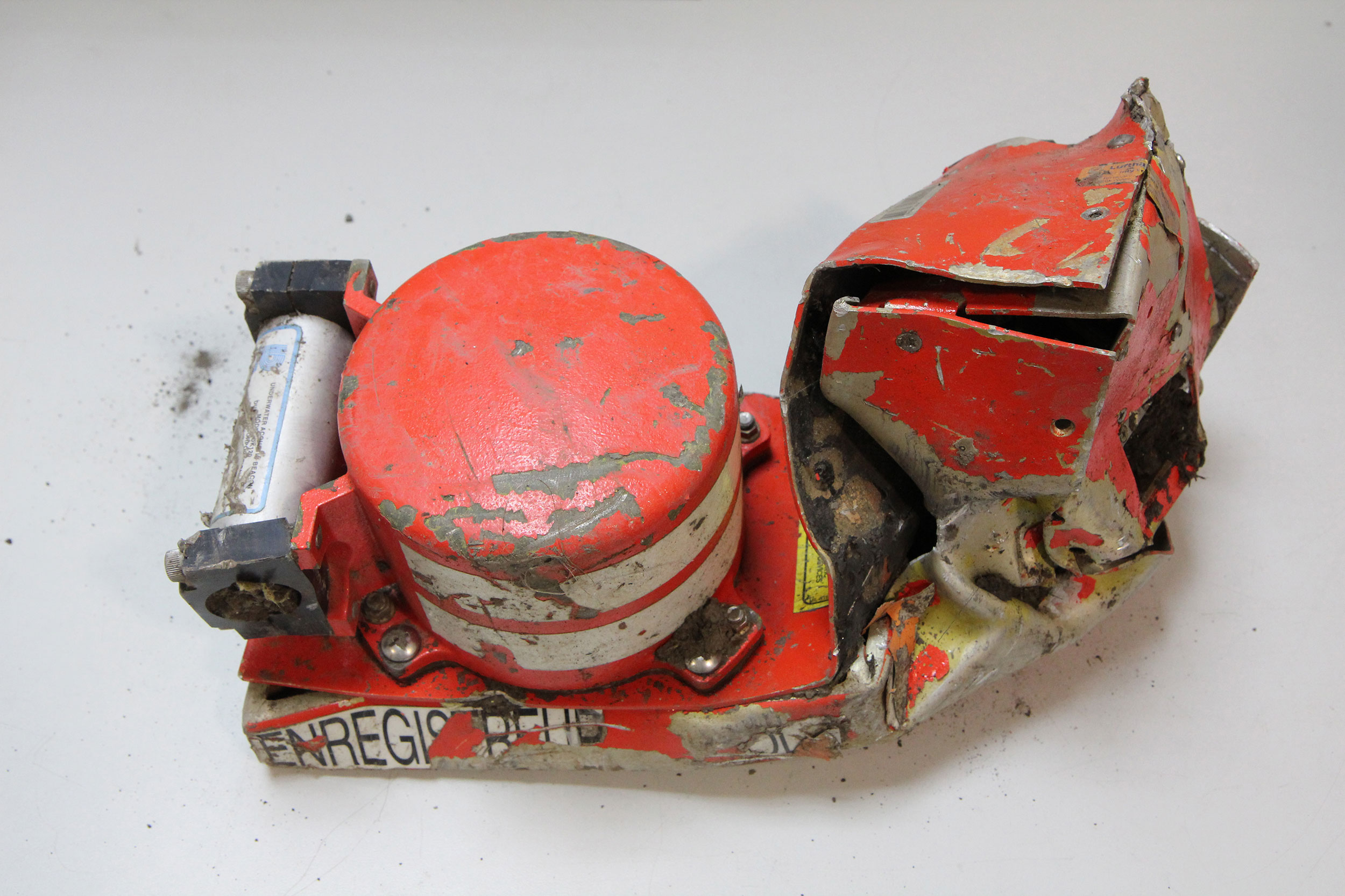 A handout picture made available by the French Aviation Authority BEA on March 25, 2015 shows the cockpit voice recorder (CVP) from the Germanwings A320 airplane that crashed in the French Alps on March 24, 2015.

