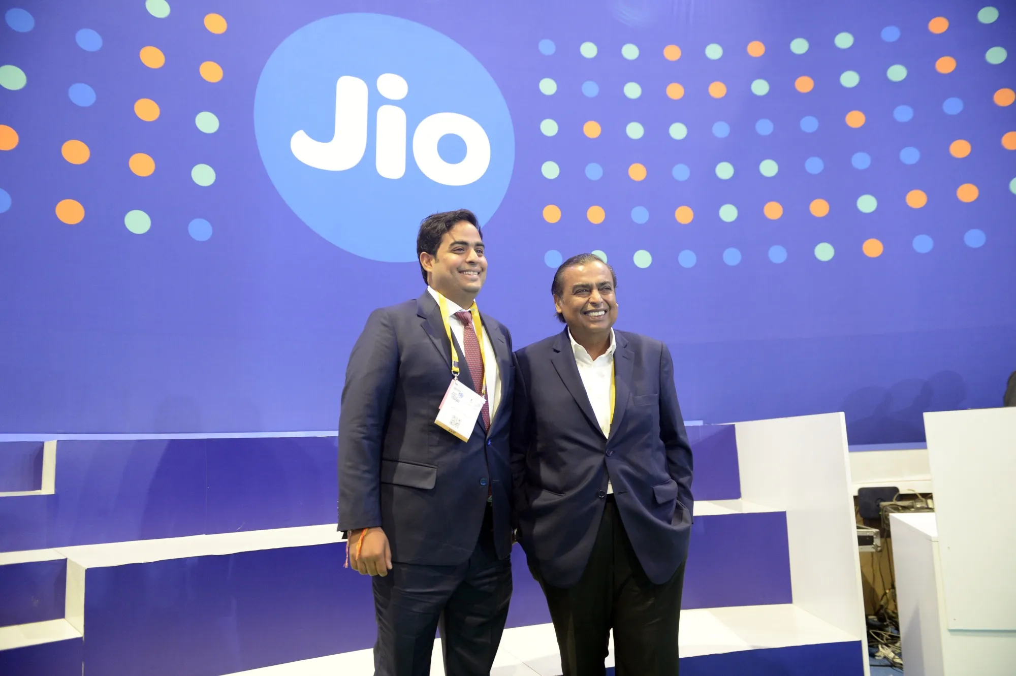 Mukesh Ambani, right,&nbsp;with his son Akash Ambani,&nbsp;in New Delhi, India, on Oct. 1.