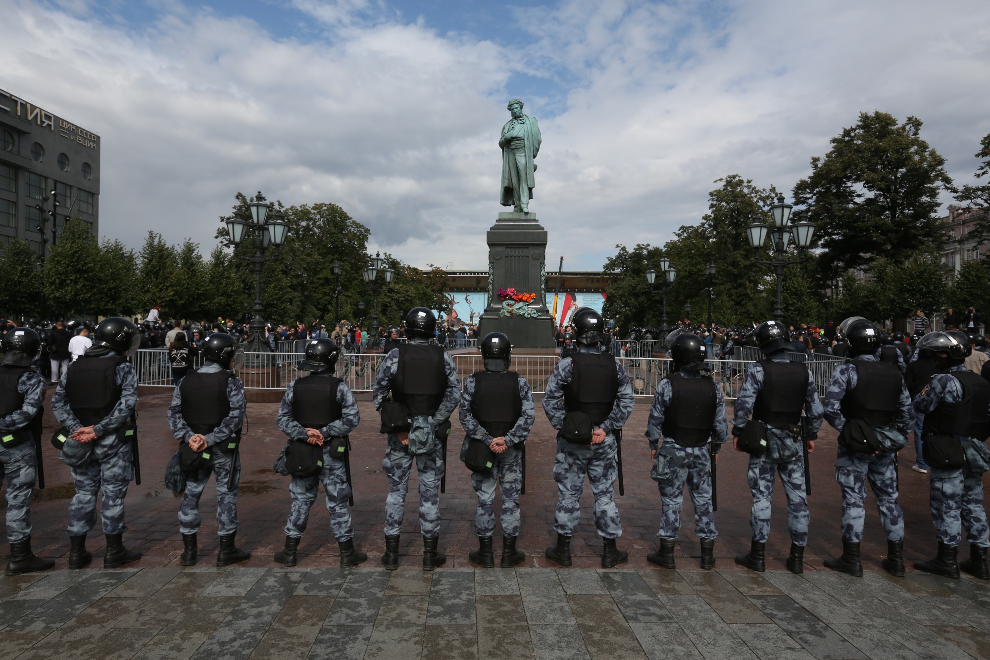 Members of the Russian national guard stand during a rally against the exclusion of opposition candidates from local polls in Moscow in 2019.