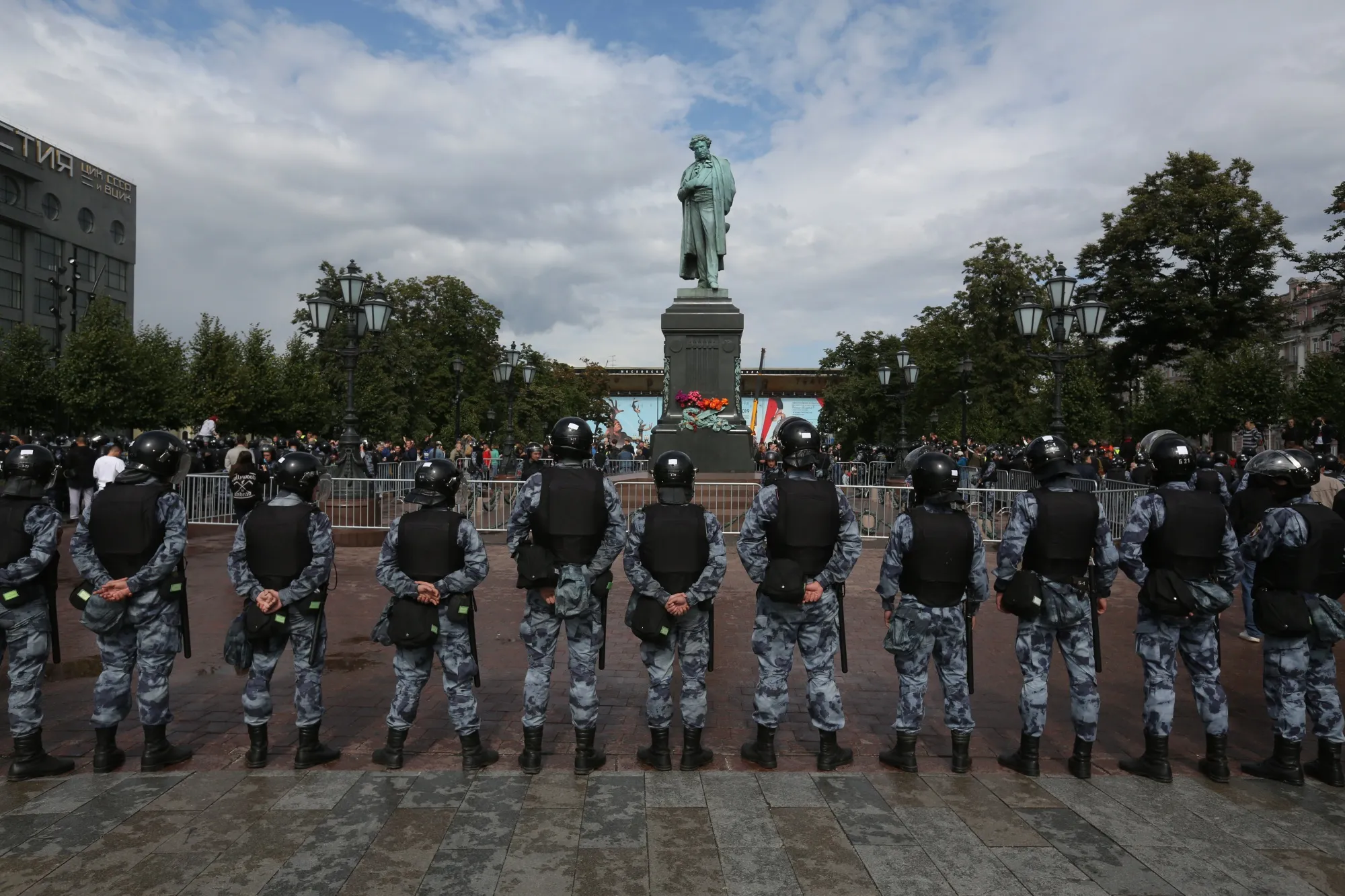 Members of the Russian national guard stand during a rally against the exclusion of opposition candidates from local polls in Moscow in 2019.