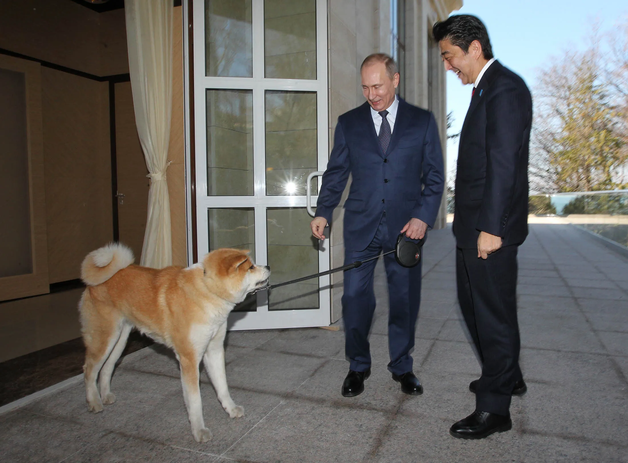 Russian President Vladimir Putin with his dog Yume greets Japanese Prime Minister Shinzo Abe at the Bocharov Ruchey state residence in Sochi in February 2014, prior to the start of the Sochi Winter Olympic Games.
