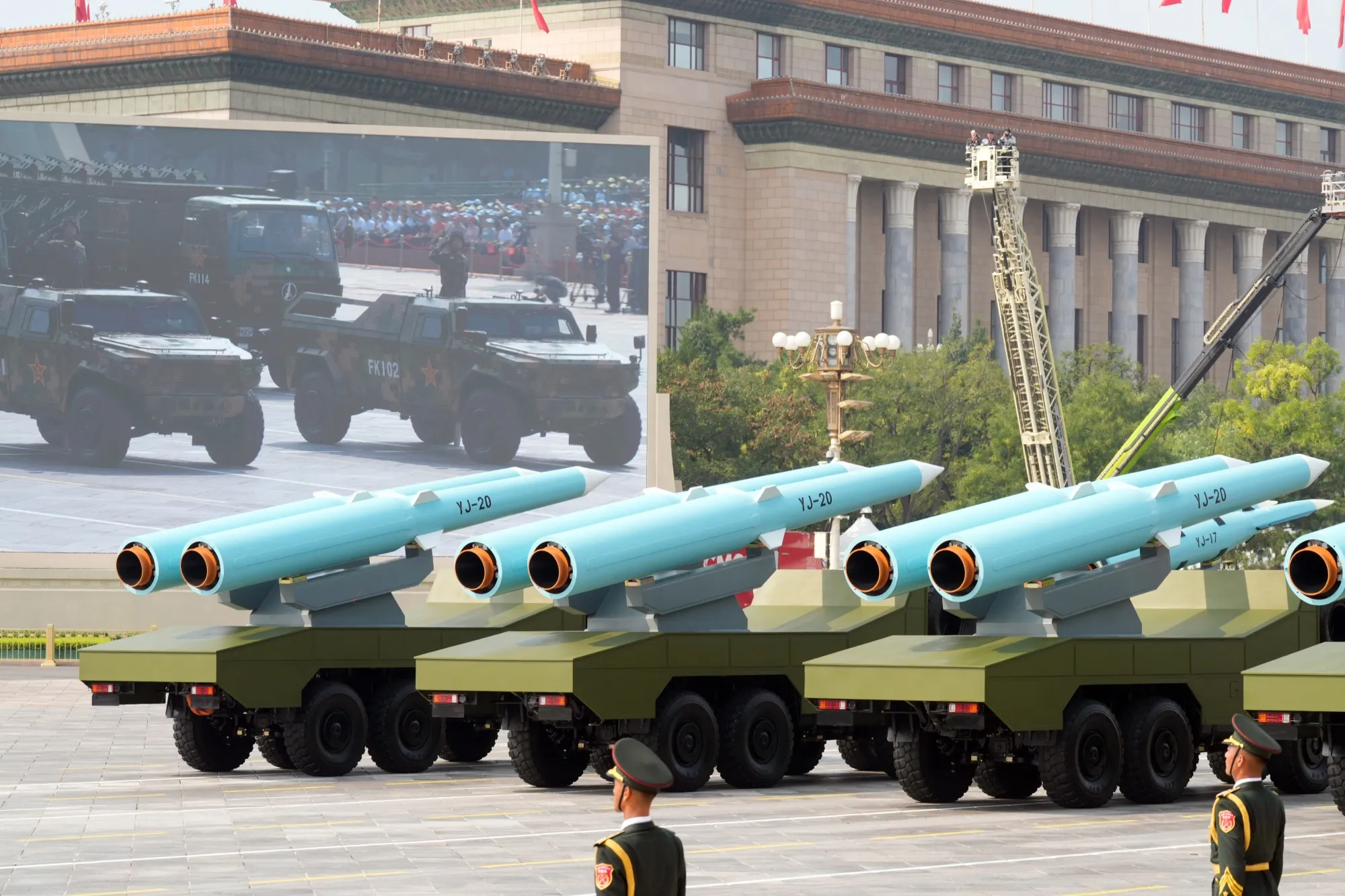 People's Liberation Army YJ-20 hypersonic aeroballistic missiles at Tiananmen Square during a military parade held in Beijing on Sept. 3.