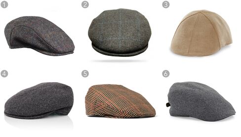 (1) Harris tweed ivy cap, Allen Edmonds, $97.50, allenedmonds.com; (2) Cashmere ivy cap, Worth & Worth, $150, hatshop.com; (3) Duckbill ivy alder creek hat, Goorin Bros, $42, goorin.com; (4) Bristol ivy cap, Barneys New York, $125, barneys.com; (5) Checked tweed flat cap, Lock & Co. Hatters for Kingsman, $150, mrporter.com; (6) Newsboy cap, Brunello Cucinelli, $310, bergdorfgoodman.com