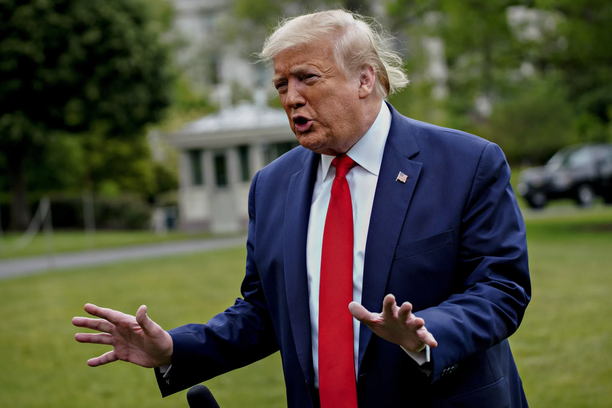 Donald Trump speaks to members of the media on May 14.