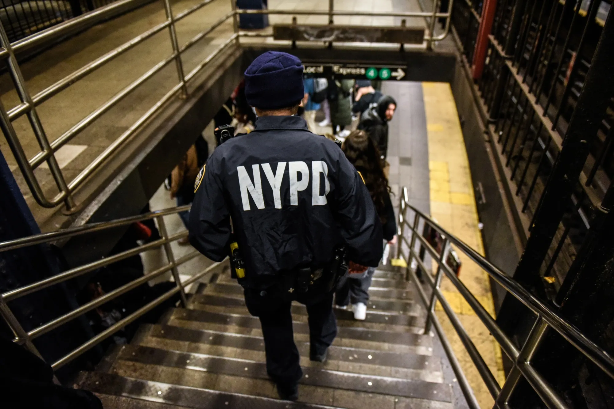 A New York City Police Department officer at a subway station in New York.