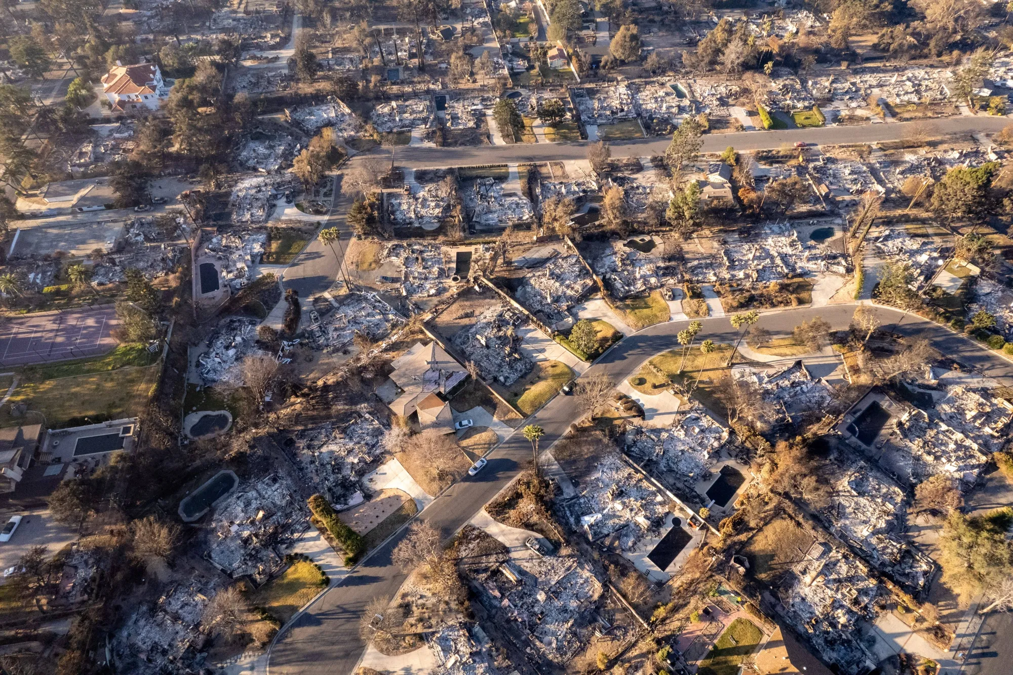 Homes destroyed by the Eaton Fire in Altadena, California.