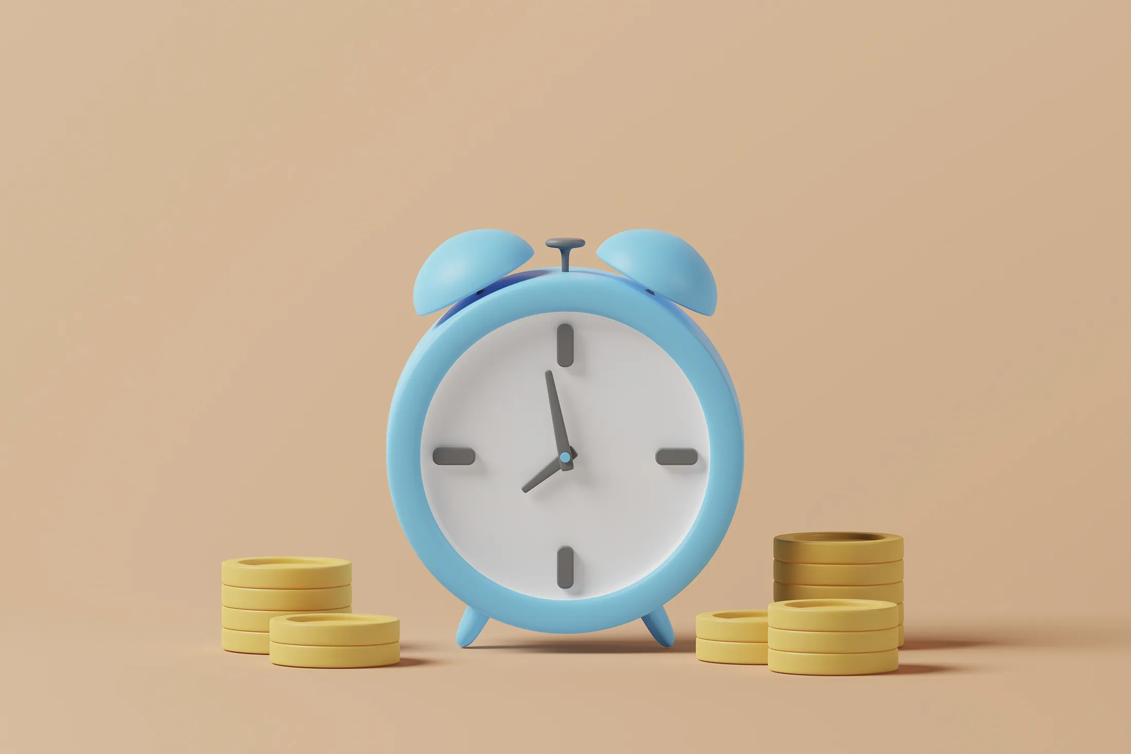 Cartoon alarm clock with money coins. In concept of time is the most valuable. 3d rendering