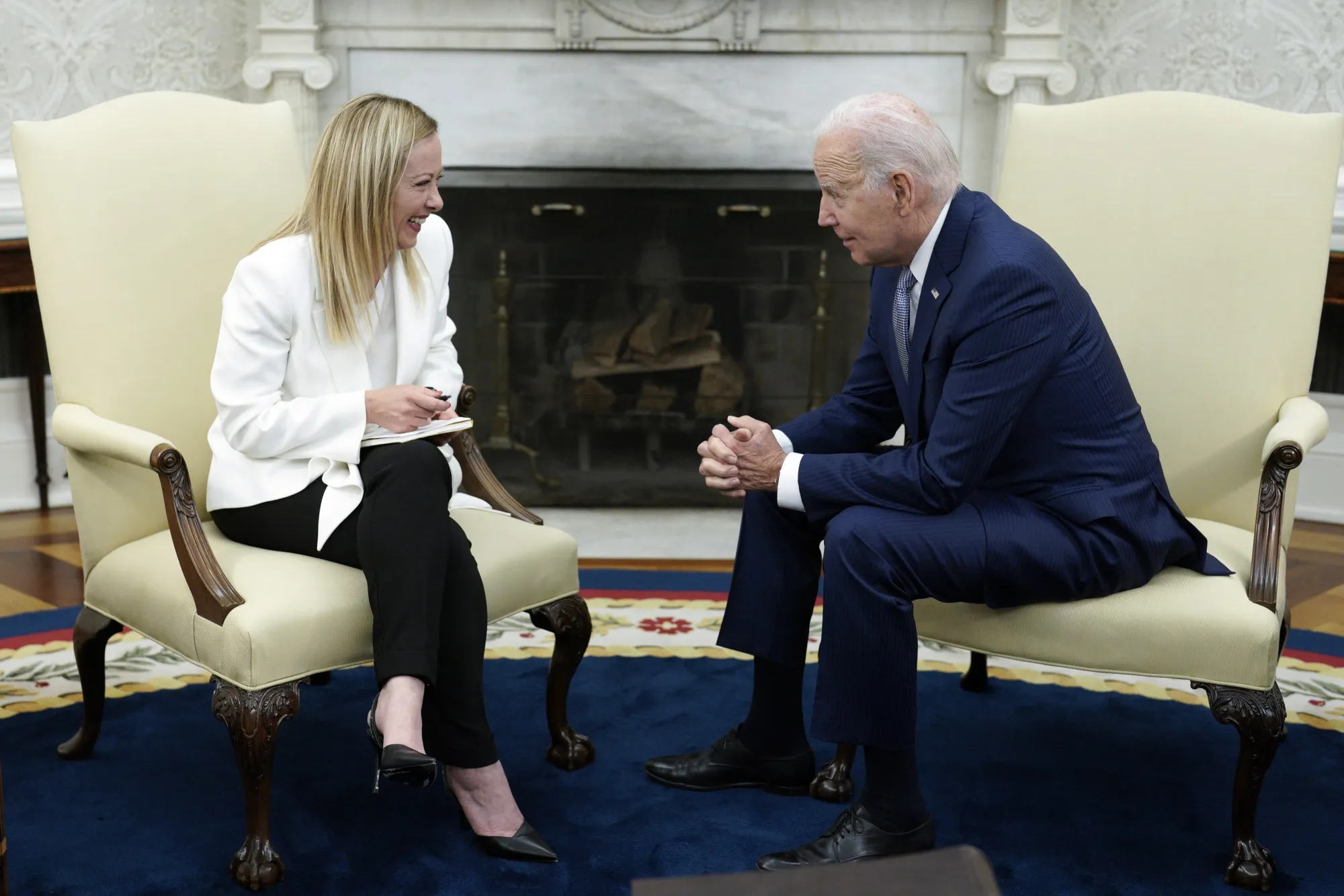 Joe Biden, right, with&nbsp;Giorgia Meloni,&nbsp;in the Oval Office of the White House on July 27.