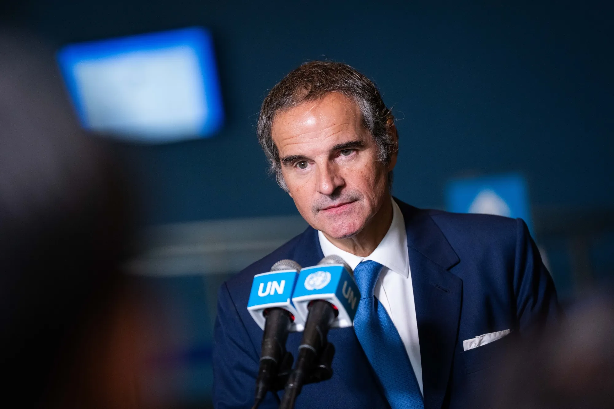Rafael Mariano Grossi speaks to members of the media at the UN headquarters in New York on April 21.
