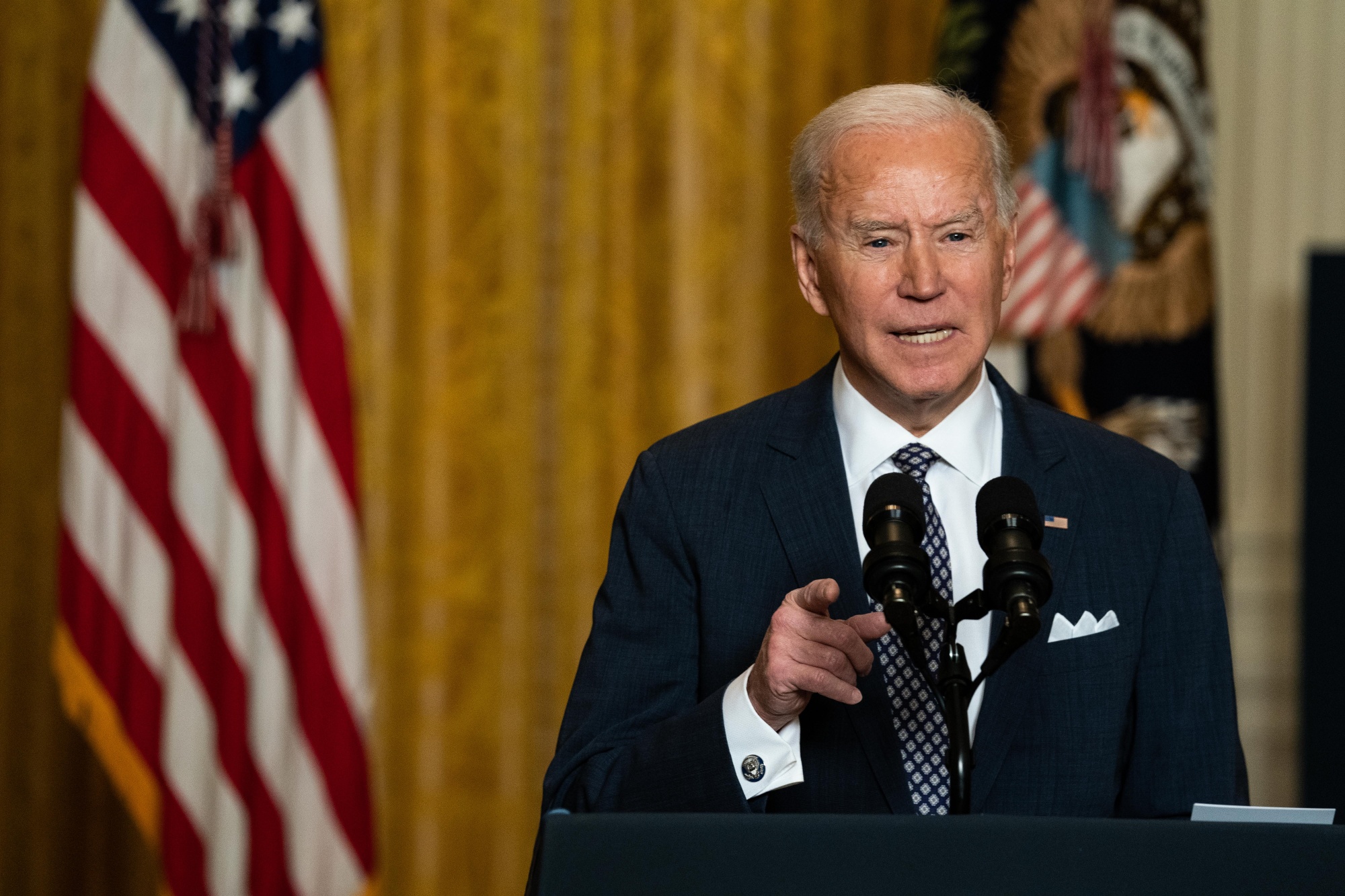 U.S. President Joe Biden speaks in the East Room of the White House on Feb. 19.