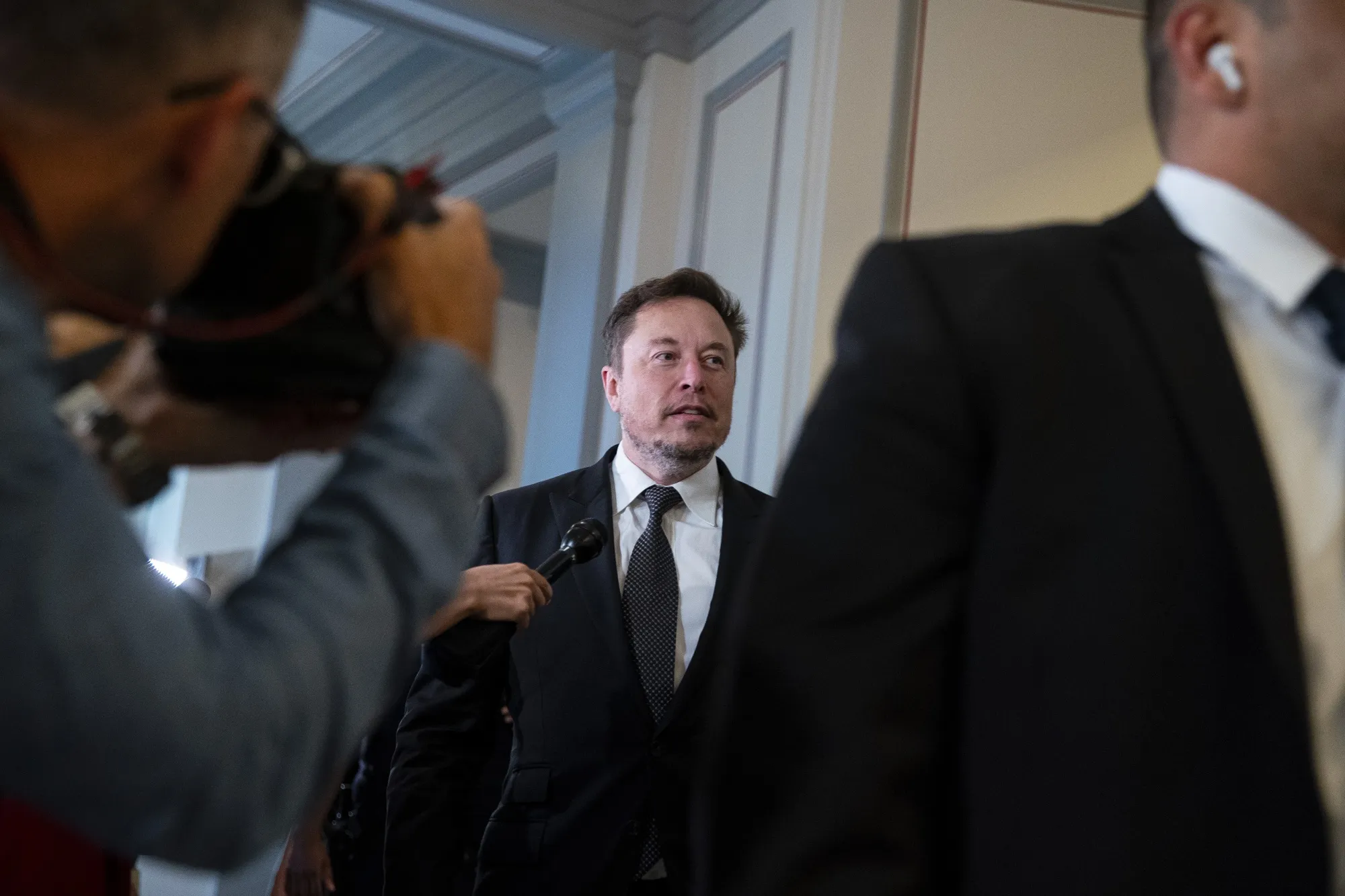 Elon Musk, chief executive officer of Tesla, arrives for a Senate bipartisan Artificial Intelligence (AI) Insight Forum on Capitol Hill in Washington.
