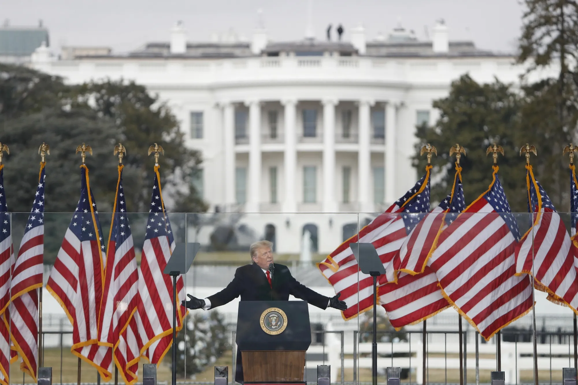 U.S. President Donald Trump speaks at a rally near the White House in Washington, D.C., U.S., on Wednesday, Jan. 6, 2021.&nbsp;