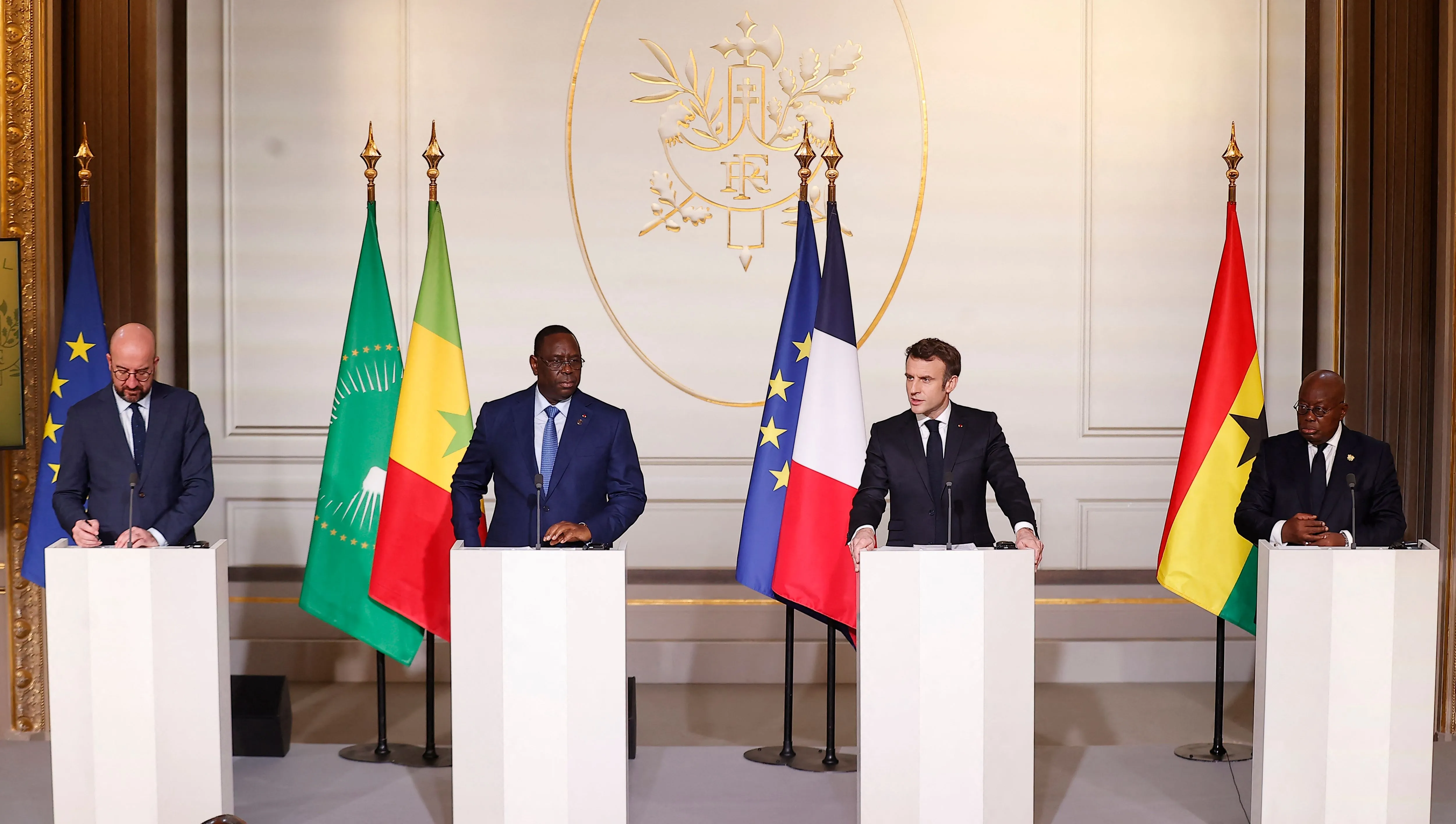 President Macron, center right, speaks during a joint press conference on France’s engagement in the Sahel region, on Feb. 17.