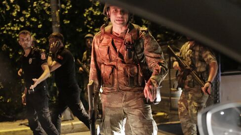 Turkish security officers detain Turkish police officers.