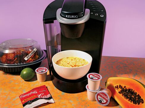Campbell’s K-cups are already available in grocery stores across the country ($11.99 for a pack of eight pods). Not finding them with the other soups? That’s because they’re with the Keurig products in the coffee aisle.