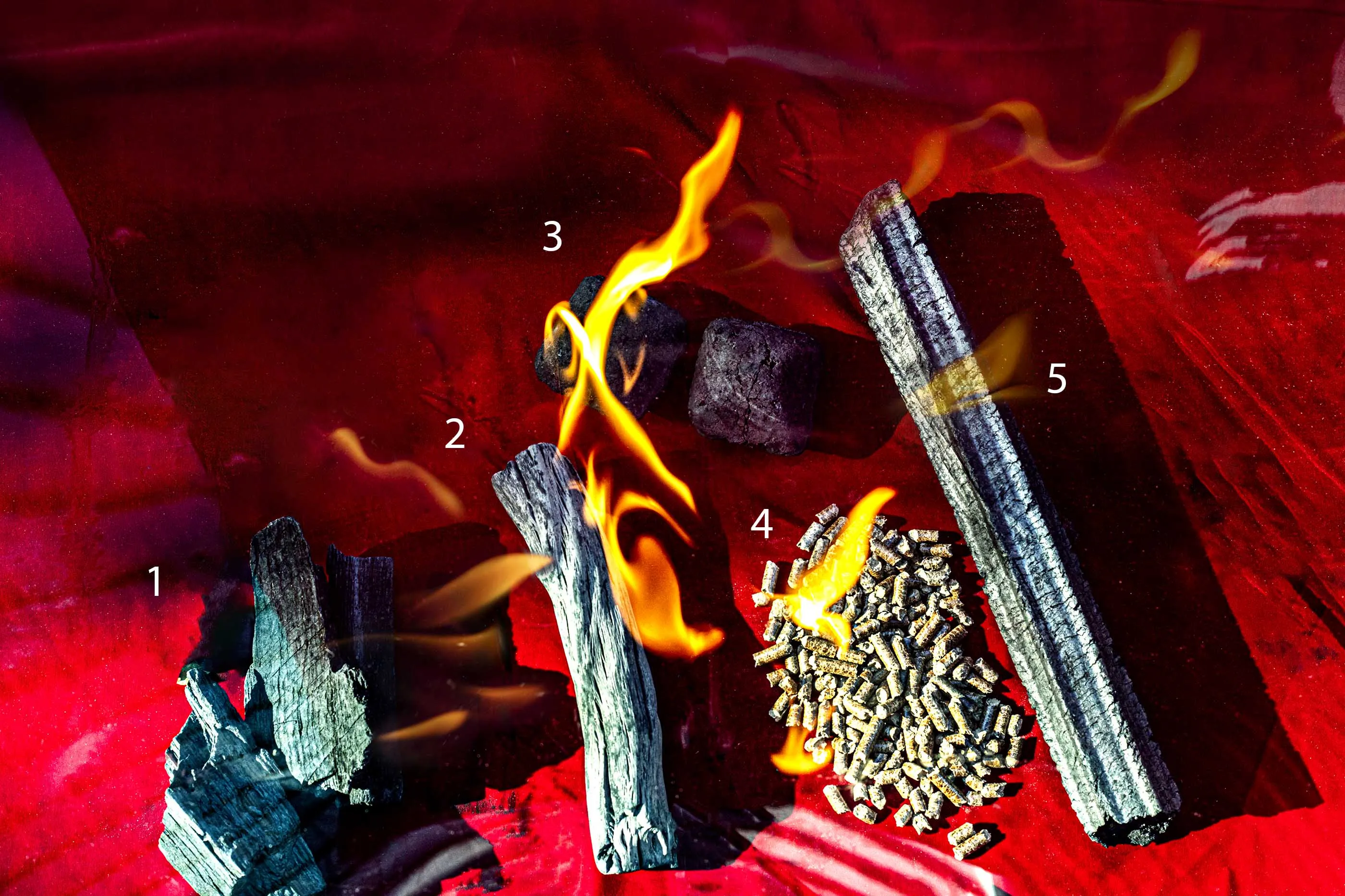 From left: Rockwood lump charcoal, binchotan,&nbsp;Jealous Devil&nbsp;Max XL briquettes, B&amp;B post oak wood pellets, and&nbsp;Prime 6 charcoal rod.