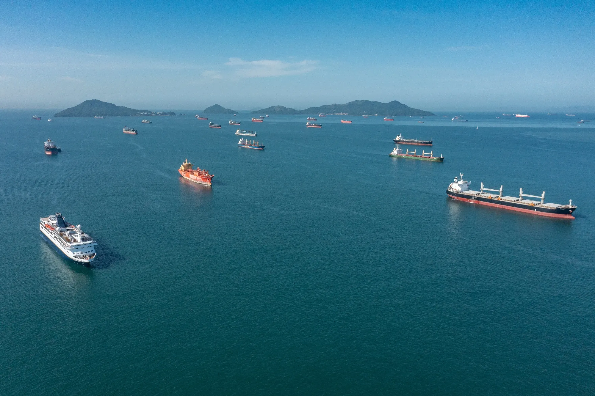 Cargo ships wait in the anchor zone to cross the Panama Canal from the Pacific entrance near Panama City, Panama, on&nbsp;Sept. 1.