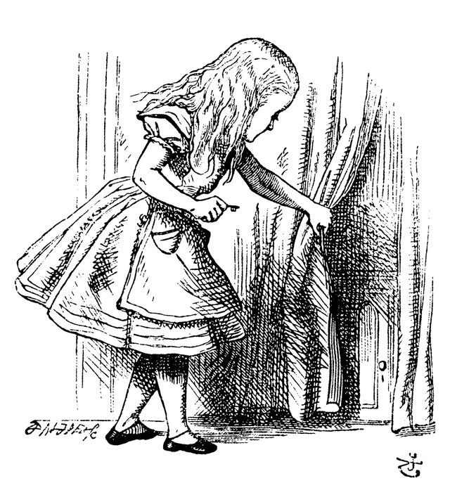 Illustration showing Alice character from Alice in Wonderland stories looking at a tiny door in the wall