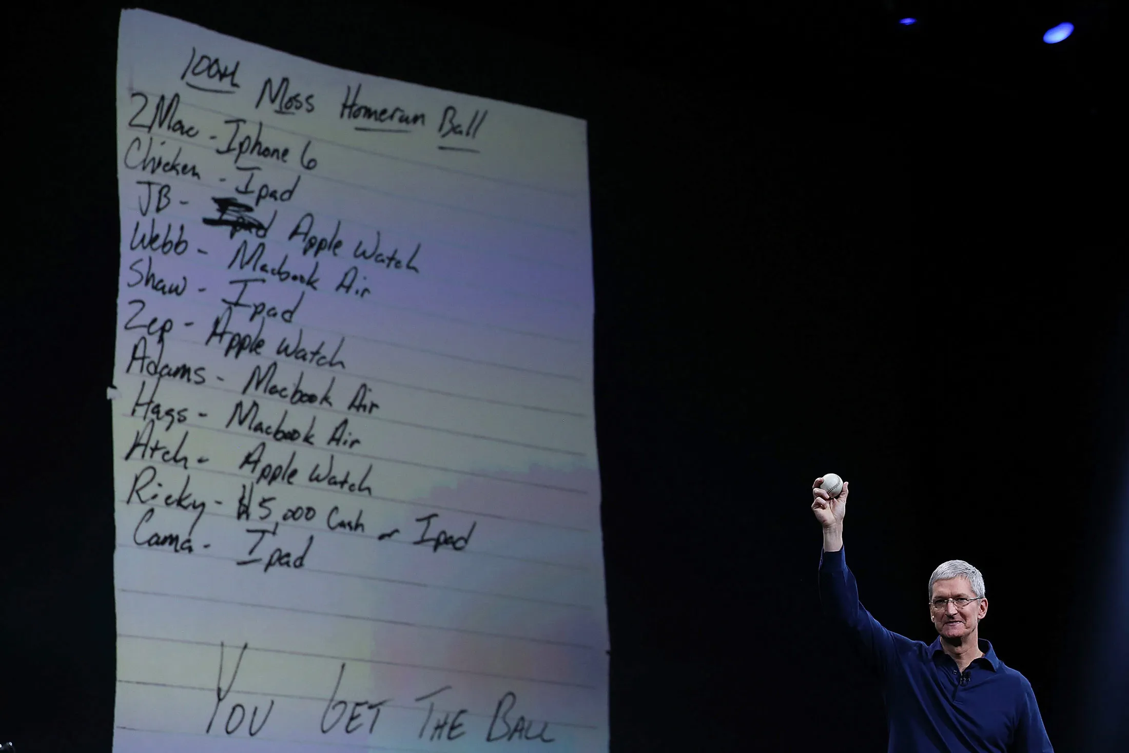 Apple CEO Tim Cook Holds up a baseball as he delivers the keynote address during Apple WWDC on June 8, 2015 in San Francisco, California.
