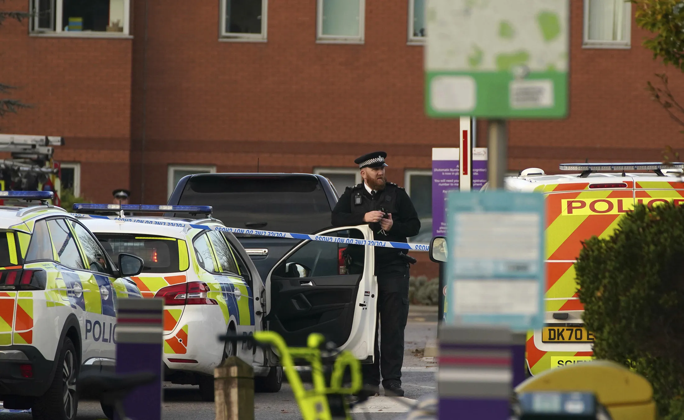 Emergency services stand guard outside Liverpool Women's Hospital in Liverpool, U.K. on Nov. 14.